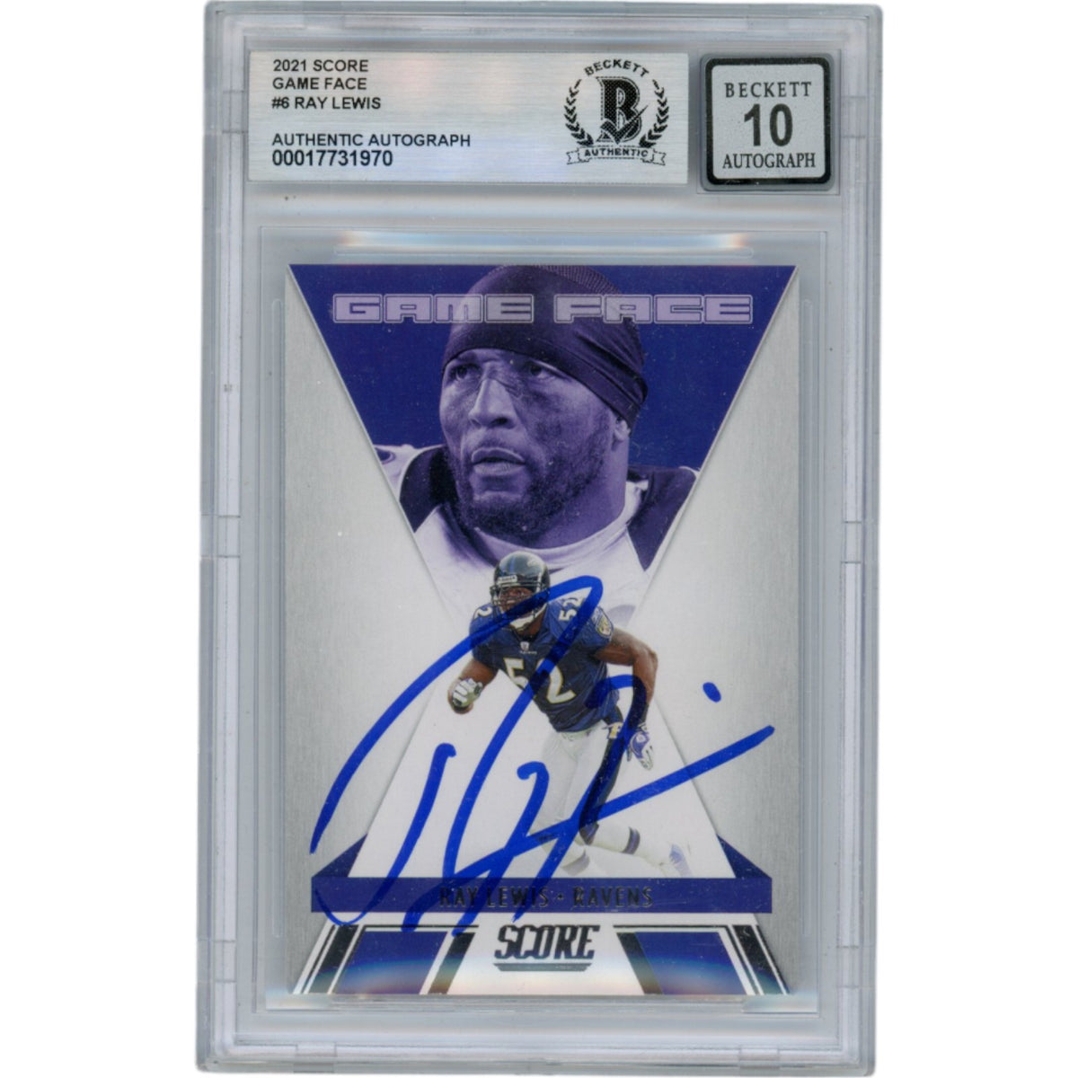 Ray Lewis 2021 Score Game Face Slabbed Trading Signed Card-Powers Sports Memorabilia