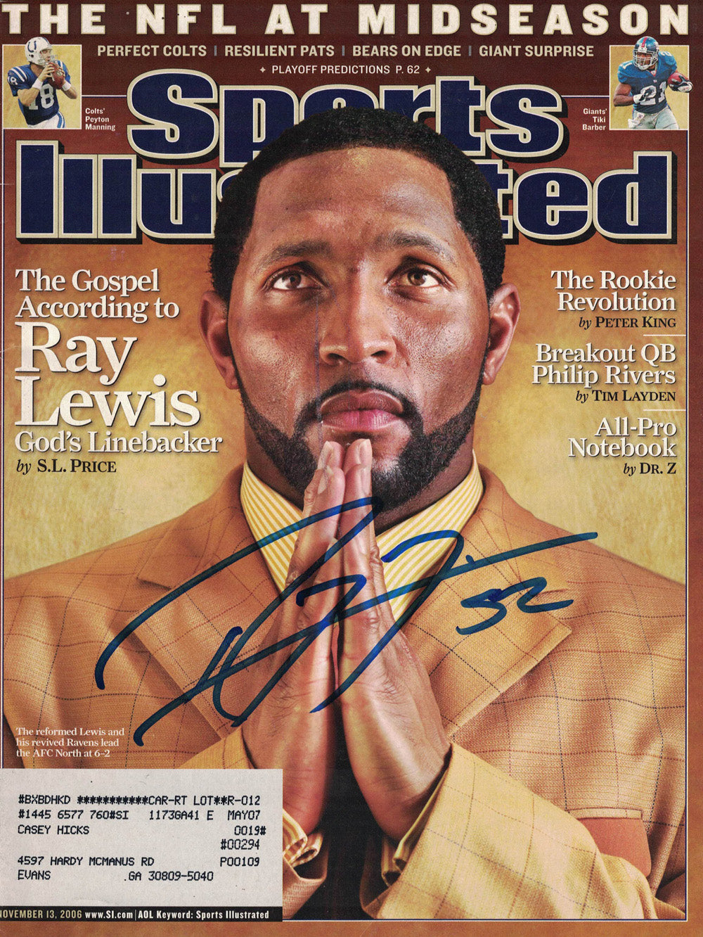 Ray Lewis 11/13/2006 Signed Sports Illustrated Magazine Beckett-Powers Sports Memorabilia