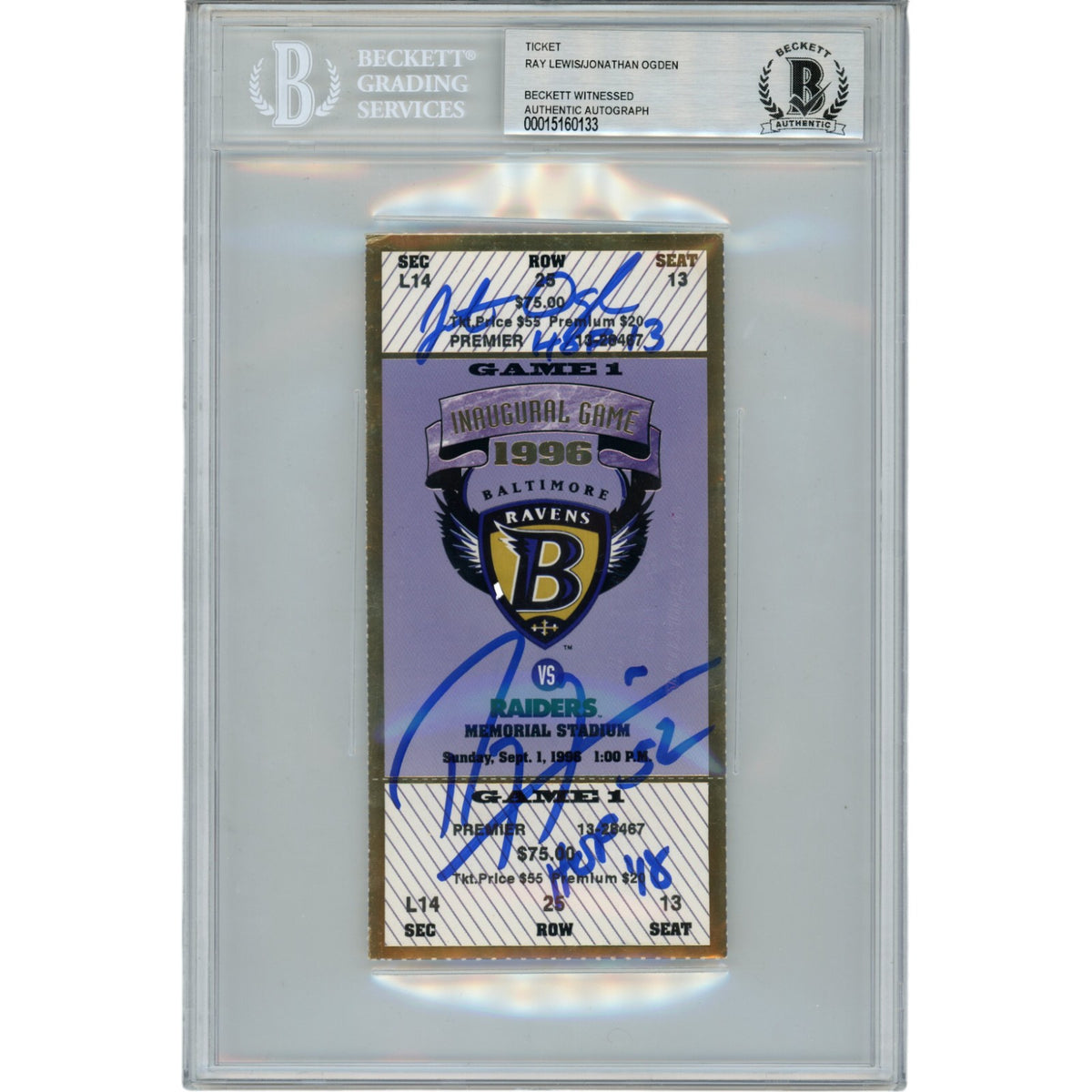Ray Lewis Jonathon Ogden Baltimore Ravens Signed Card - 9/1/96 Ticket HOF Beckett Beckett - 47584-Powers Sports Memorabilia