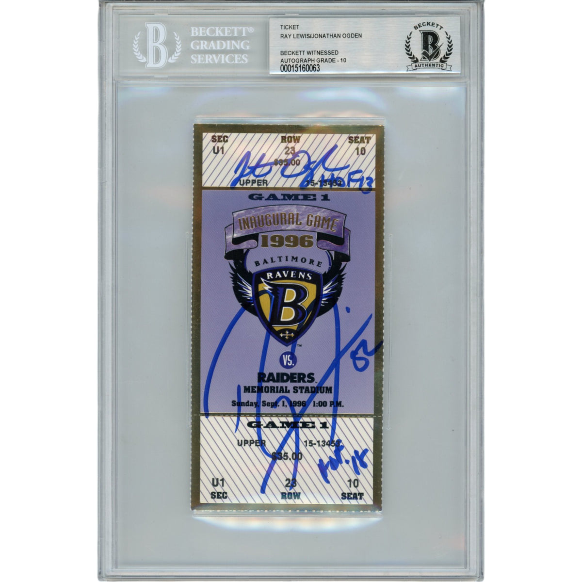 Ray Lewis Jonathon Ogden Baltimore Ravens Signed Card - 9/1/96 Ticket HOF Beckett Beckett - 47589-Powers Sports Memorabilia