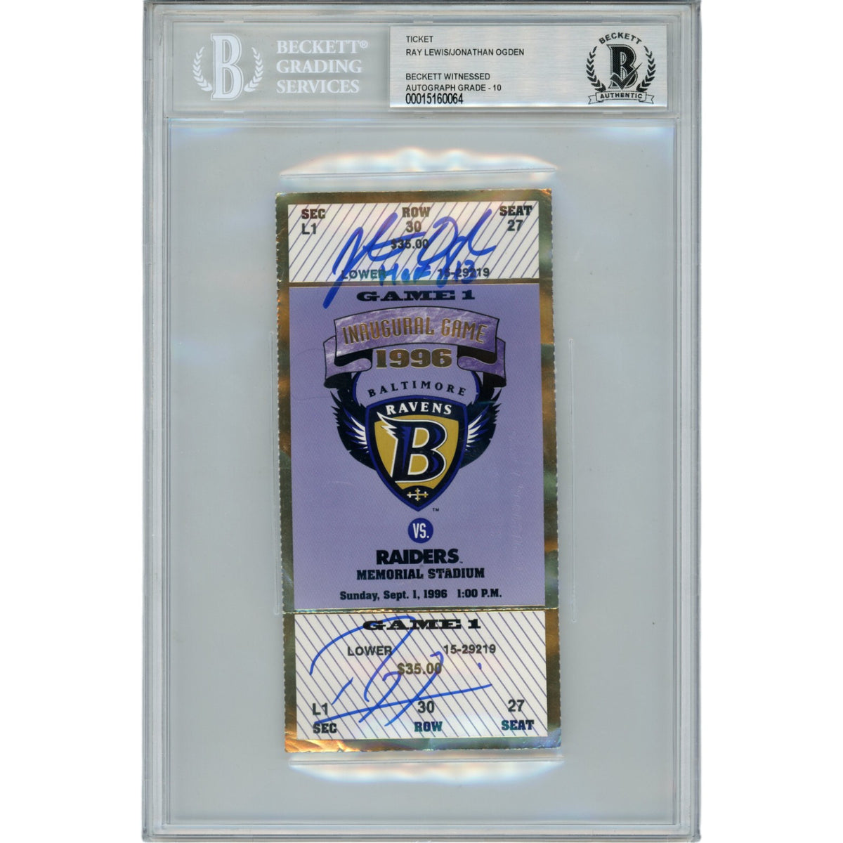 Ray Lewis Jonathon Ogden Baltimore Ravens Signed Card - 9/1/96 Ticket HOF Beckett Beckett-Powers Sports Memorabilia