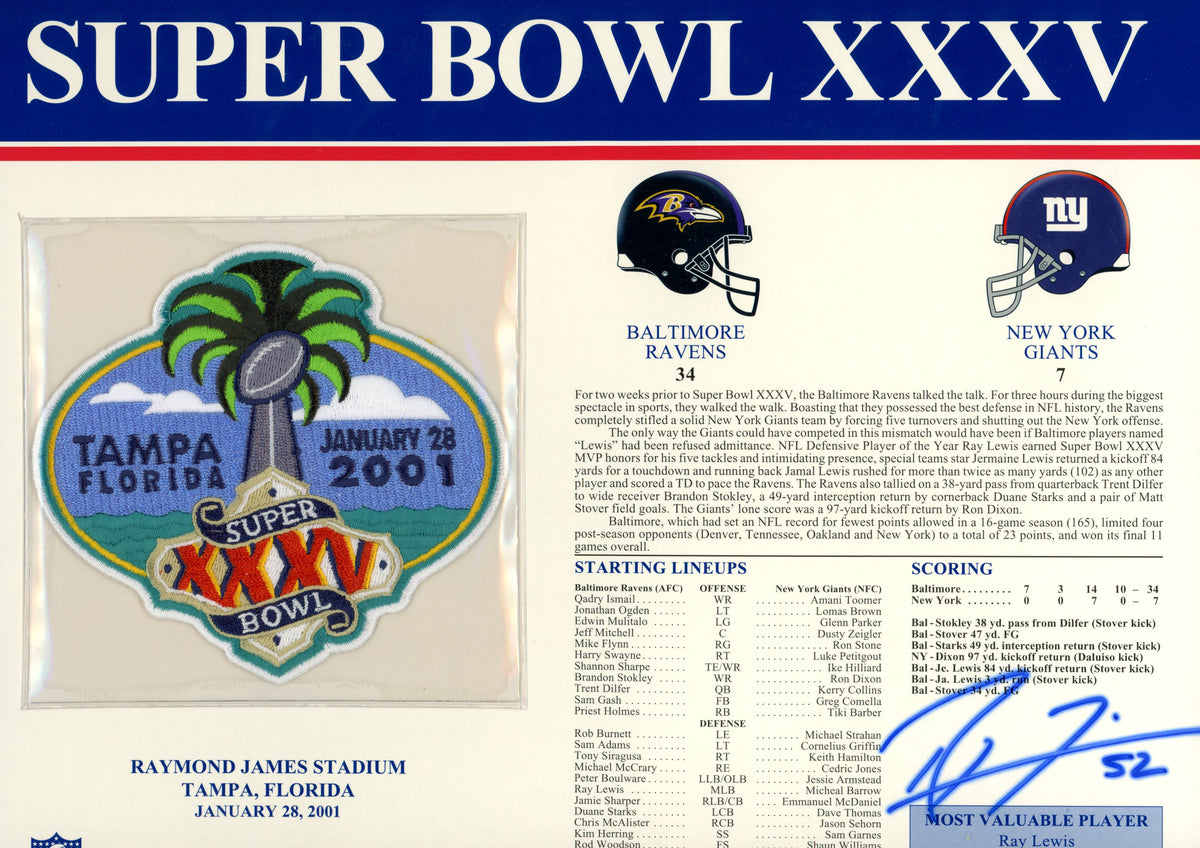 Ray Lewis Baltimore Ravens Signed Mini Helmet - SB XXXV Patch Stat Beckett Beckett-Powers Sports Memorabilia