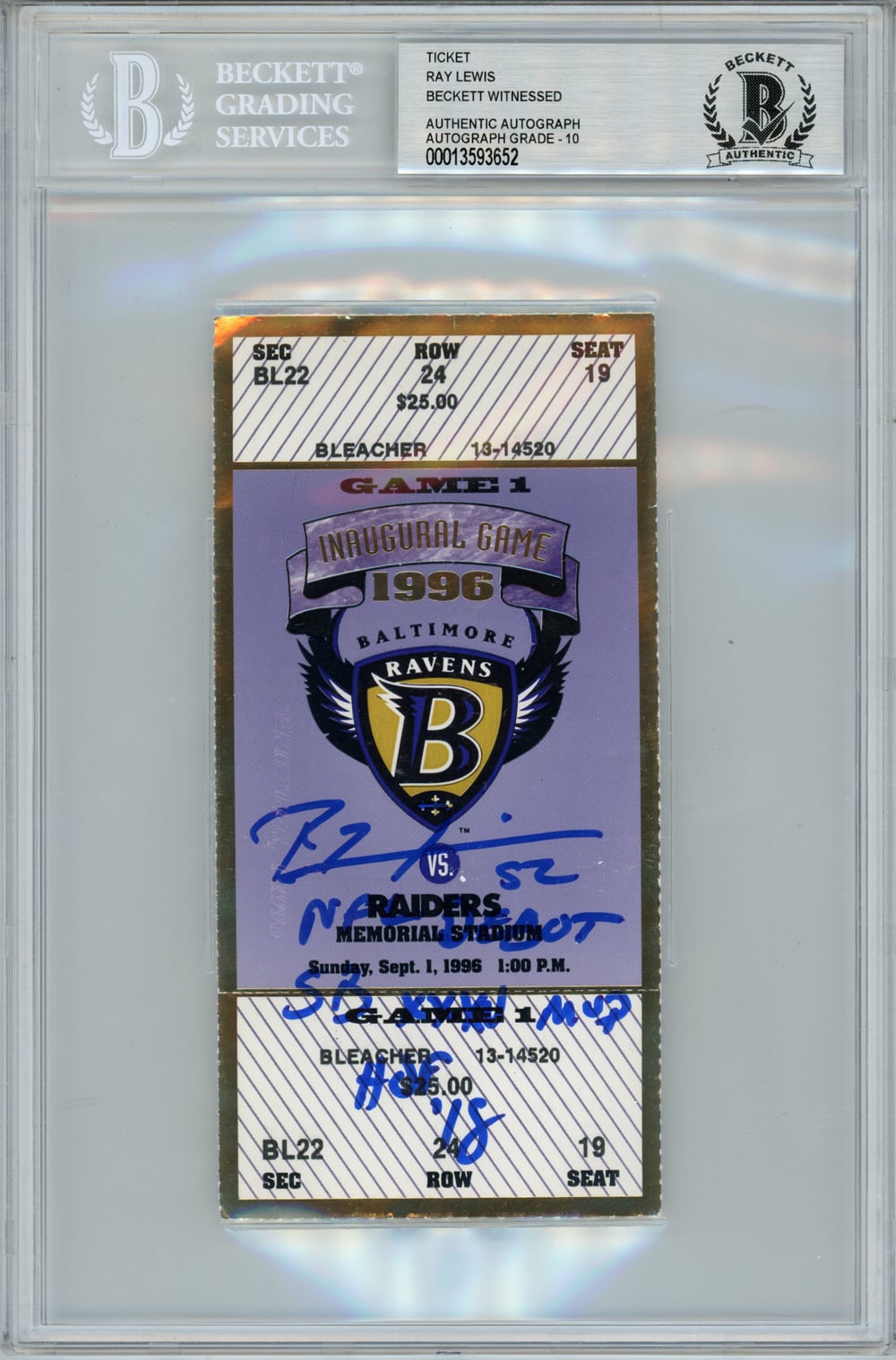 Ray Lewis Baltimore Ravens Signed Card - NFL Debut Ticket Stub 3 Insc BAS 10 Slab Beckett-Powers Sports Memorabilia