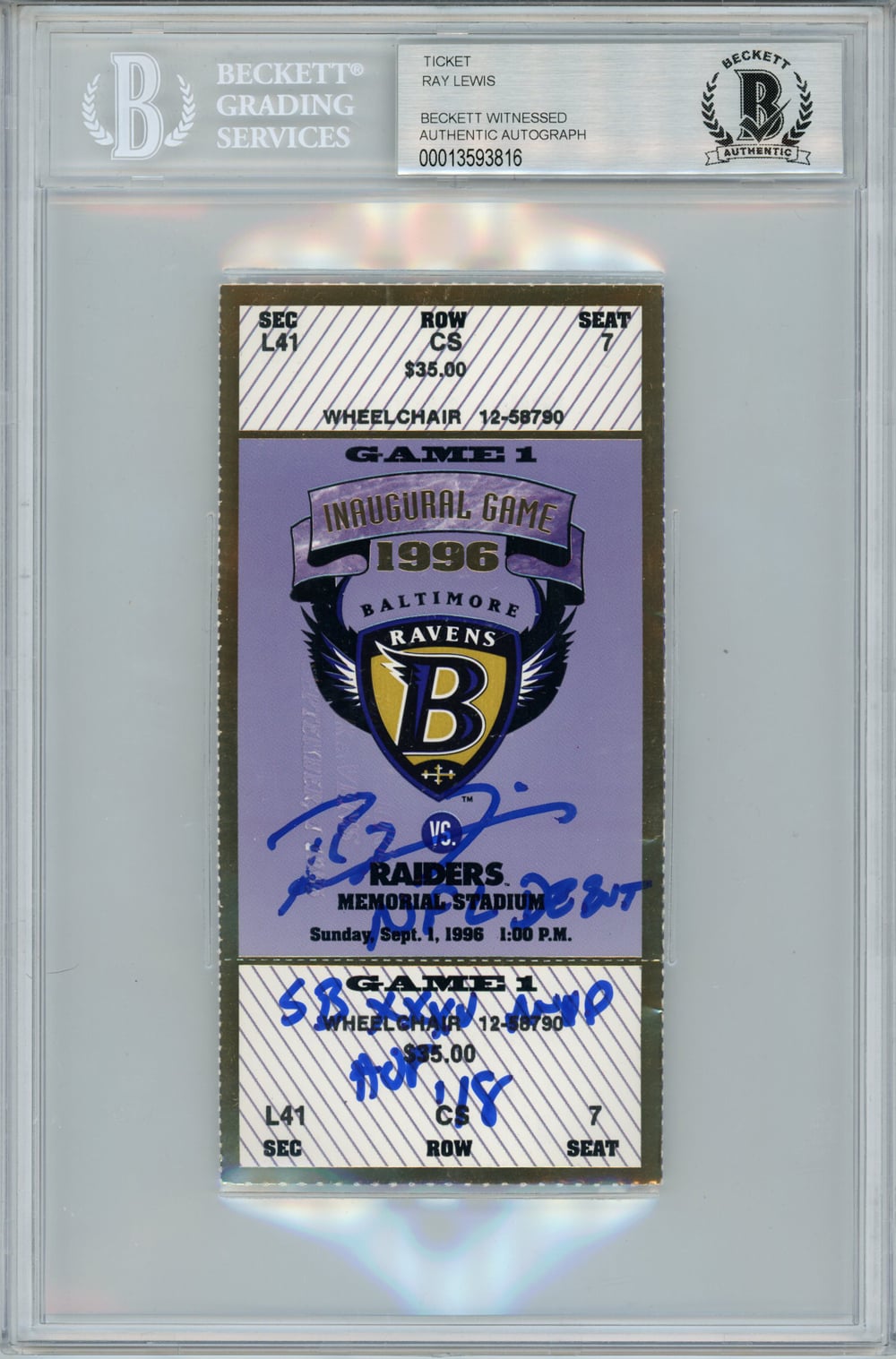 Ray Lewis Baltimore Ravens Signed Card - NFL Debut Ticket Stub 3 Insc BAS Slab Beckett-Powers Sports Memorabilia