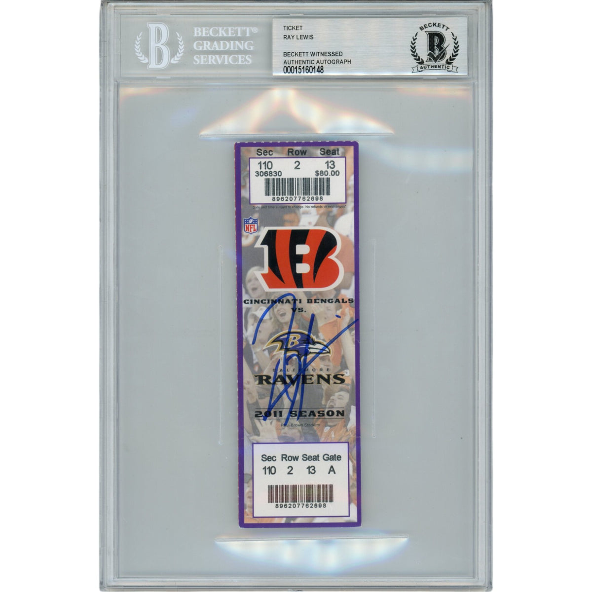 Ray Lewis Baltimore Ravens Signed Card - 1/1/12 Ticket Stub Beckett Beckett-Powers Sports Memorabilia