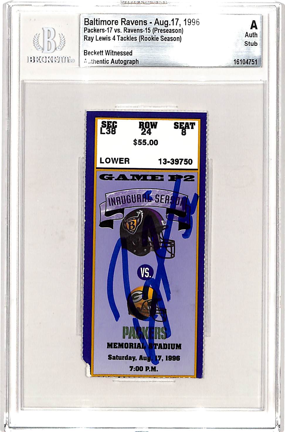 Ray Lewis Baltimore Ravens Signed Card - 08/17/96 Ticket Stub Slab Beckett Beckett-Powers Sports Memorabilia