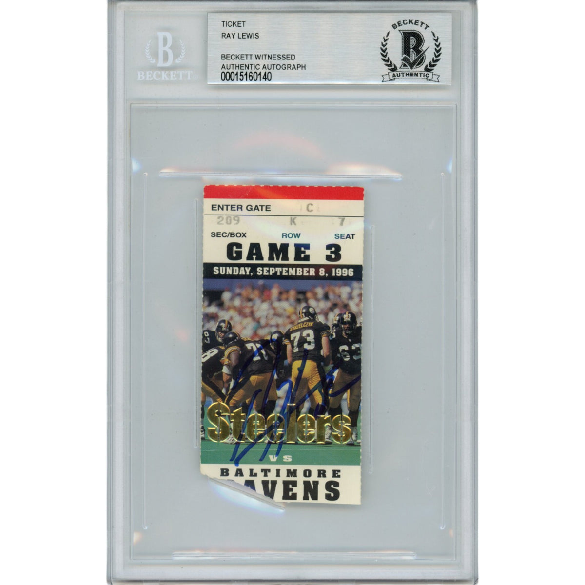 Ray Lewis Baltimore Ravens Signed Card - 09/08/96 Ticket Stub Beckett Beckett-Powers Sports Memorabilia