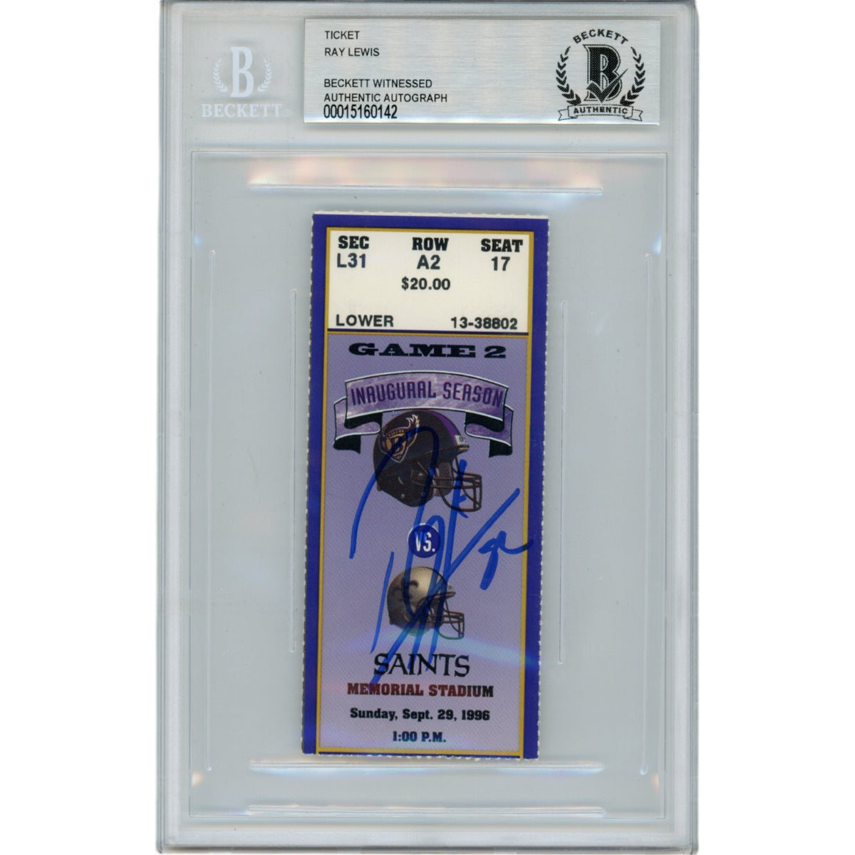 Ray Lewis Baltimore Ravens Signed Card - 09/29/96 Ticket Stub Beckett Beckett-Powers Sports Memorabilia