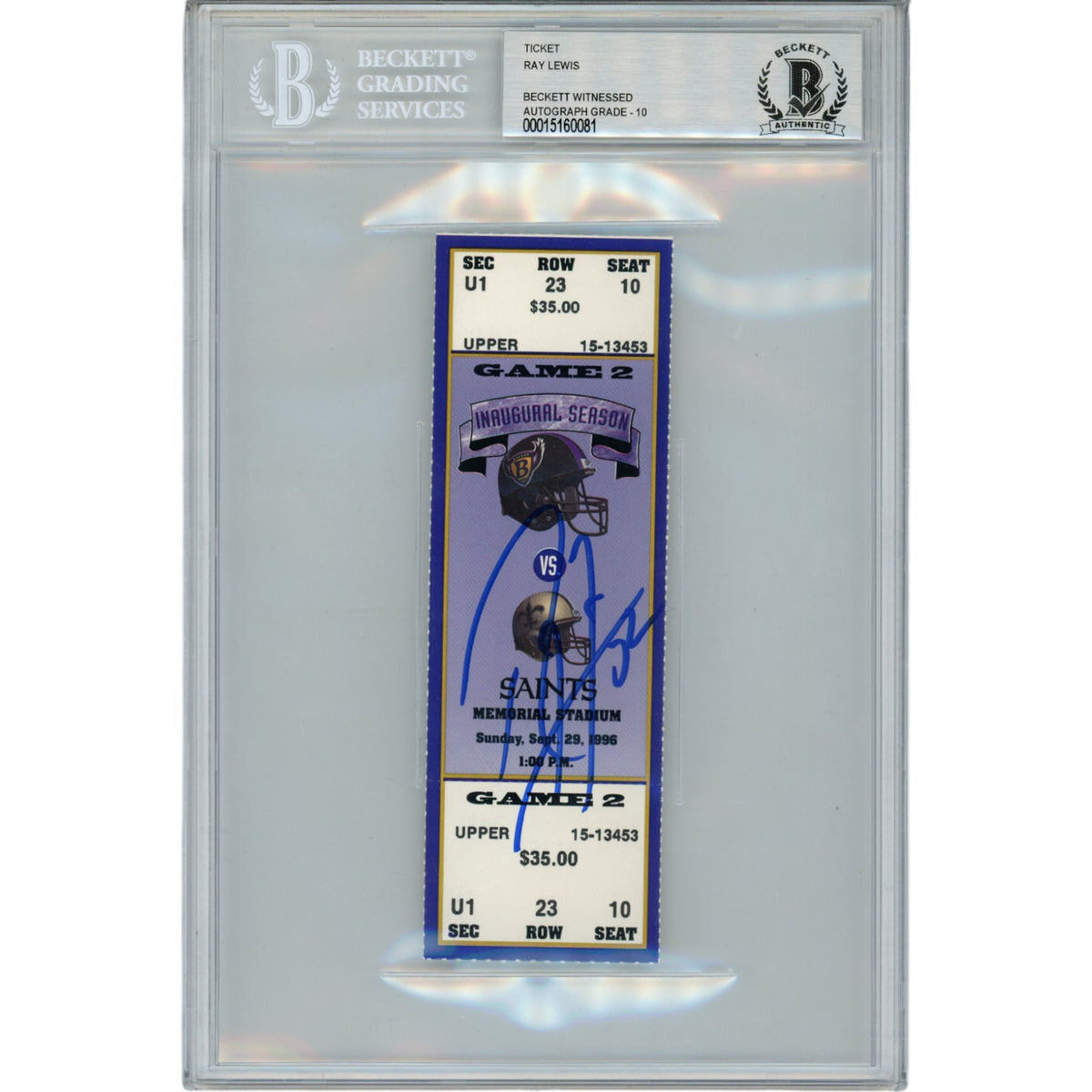 Ray Lewis Baltimore Ravens Signed Card - 09/29/96 Full Ticket Stub Beckett Beckett-Powers Sports Memorabilia