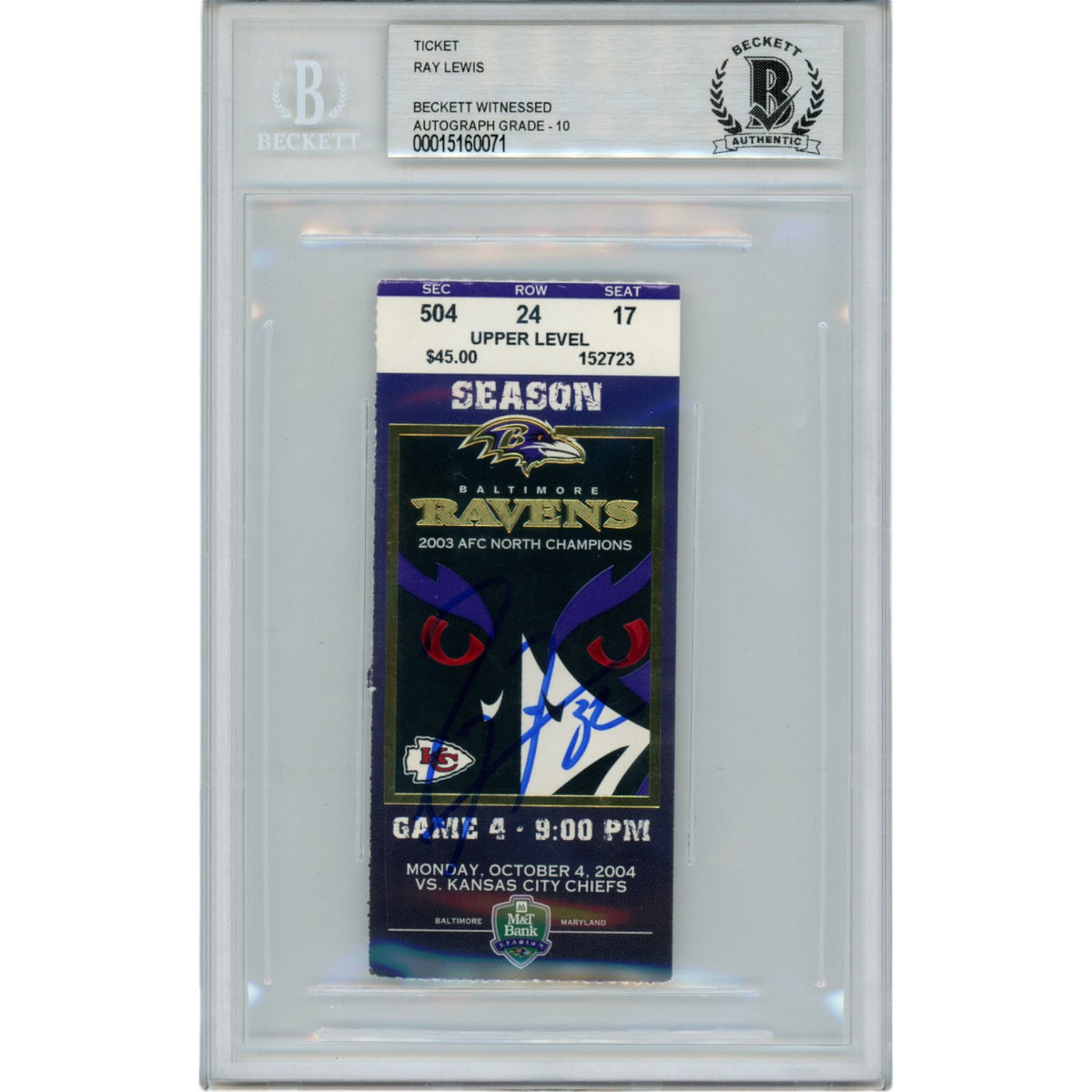 Ray Lewis Baltimore Ravens Signed Card - 10/04/04 Ticket Stub Beckett Beckett-Powers Sports Memorabilia