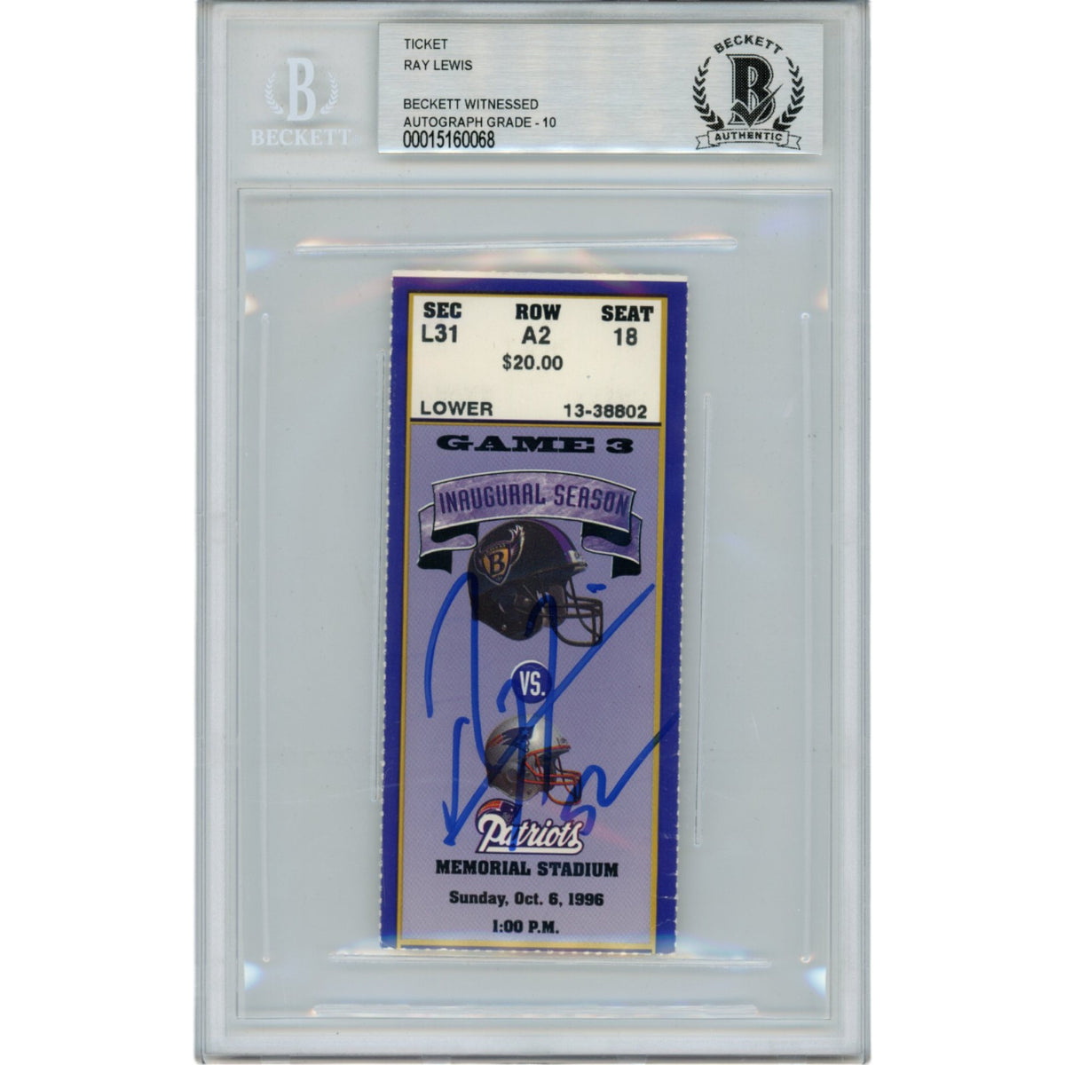 Ray Lewis Baltimore Ravens Signed Card - 10/06/96 Ticket Stub Beckett Beckett-Powers Sports Memorabilia