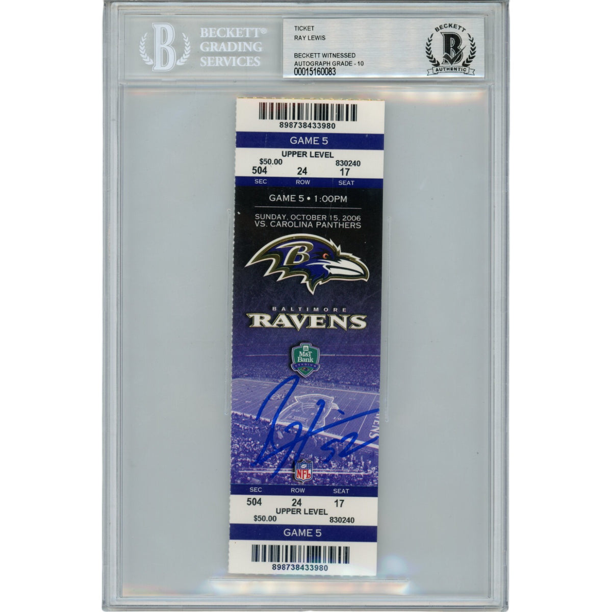 Ray Lewis Baltimore Ravens Signed Card - 10/15/06 Full Ticket Stub Beckett Beckett-Powers Sports Memorabilia