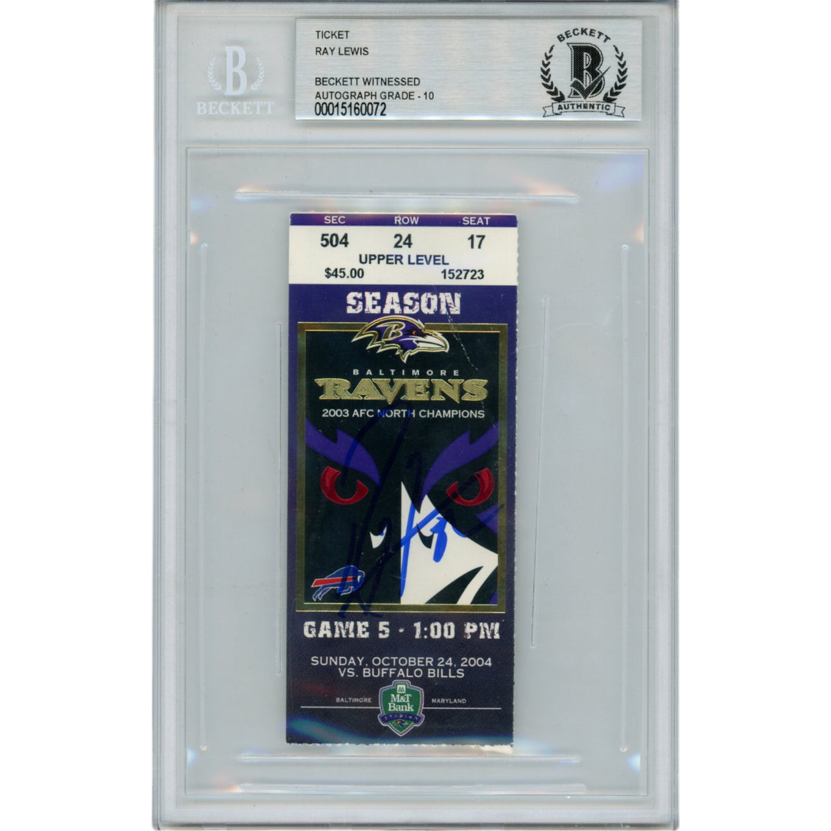Ray Lewis Baltimore Ravens Signed Card - 10/24/04 Ticket Stub Beckett Beckett-Powers Sports Memorabilia