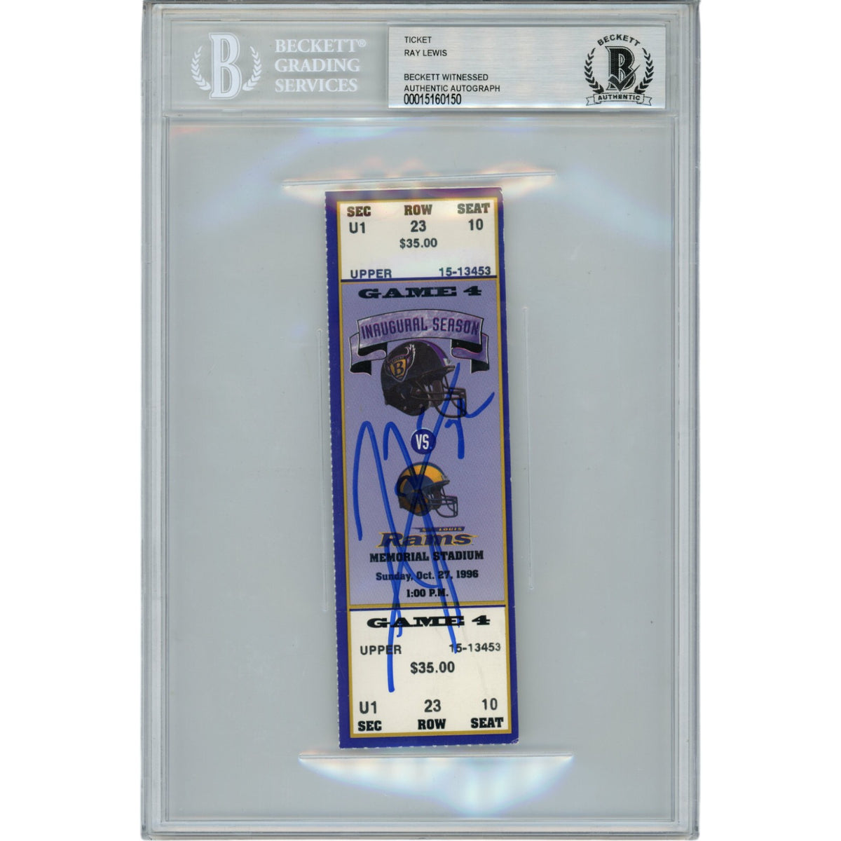 Ray Lewis Baltimore Ravens Signed Card - 10/27/96 Full Ticket Stub Beckett Beckett-Powers Sports Memorabilia