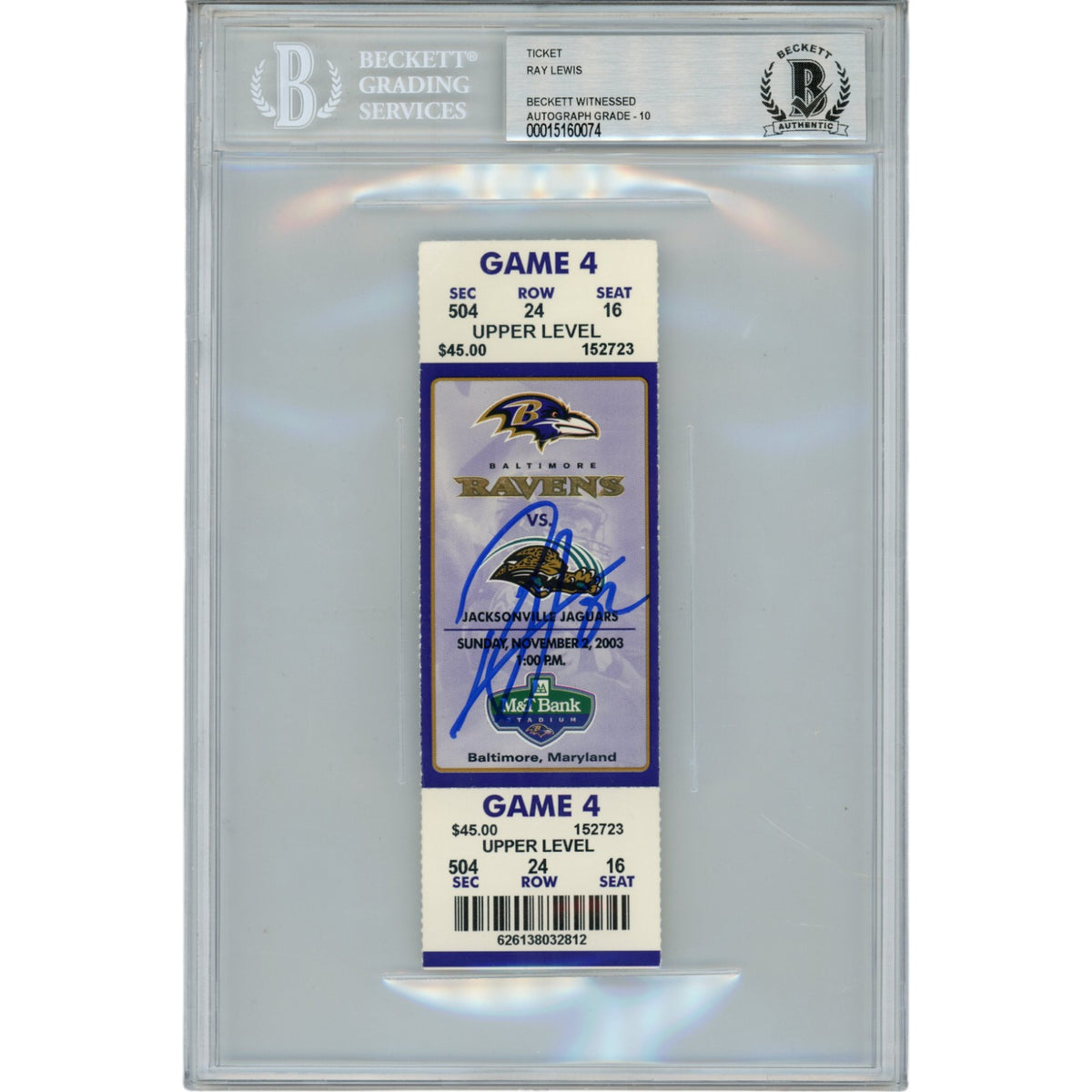 Ray Lewis Baltimore Ravens Signed Card - 11/02/03 Full Ticket Stub Beckett Beckett-Powers Sports Memorabilia
