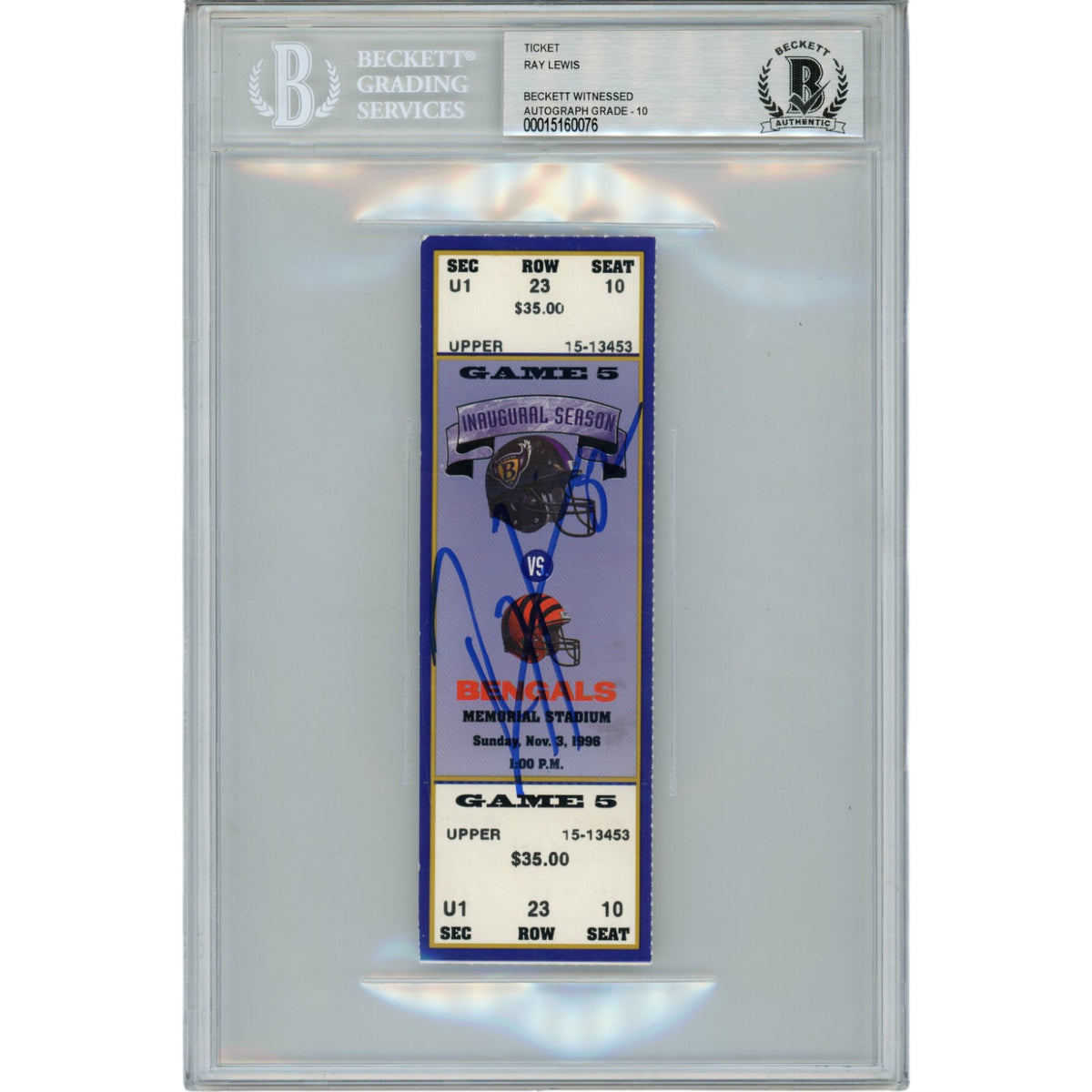 Ray Lewis Baltimore Ravens Signed Card - 11/03/96 Full Ticket Stub Beckett Beckett-Powers Sports Memorabilia