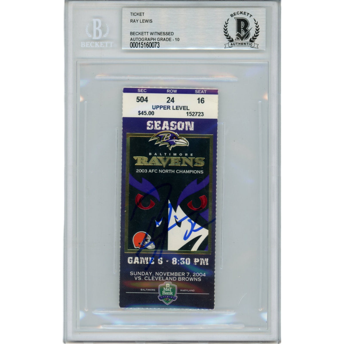 Ray Lewis Baltimore Ravens Signed Card - 11/07/04 Ticket Stub Beckett Beckett-Powers Sports Memorabilia