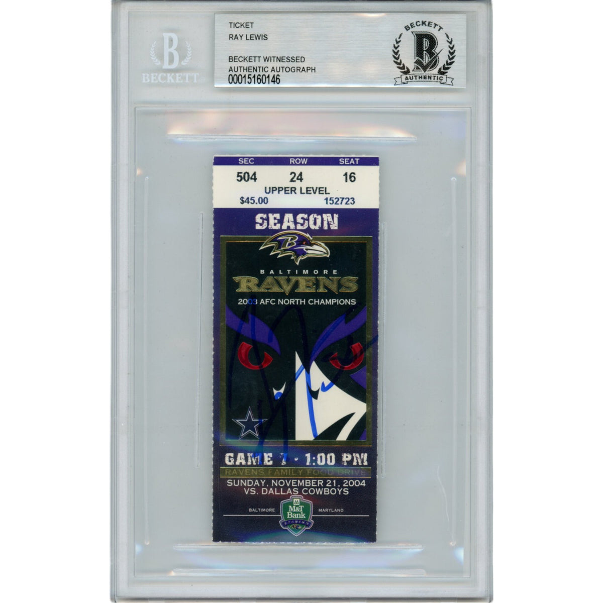 Ray Lewis Baltimore Ravens Signed Card - 11/21/04 Ticket Stub Beckett Beckett-Powers Sports Memorabilia
