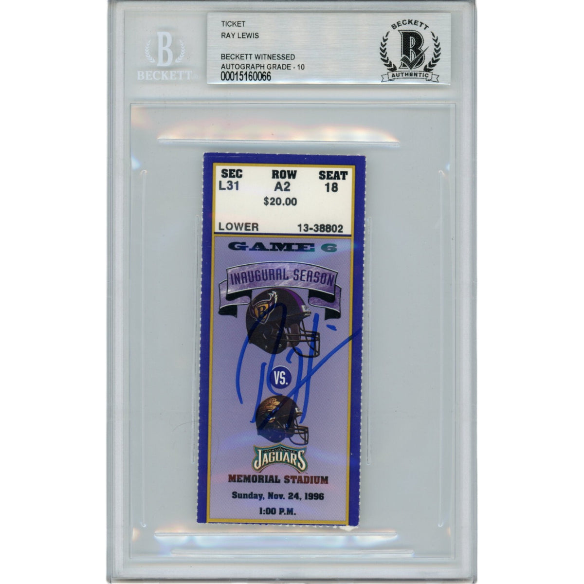 Ray Lewis Baltimore Ravens Signed Card - 11/24/96 Ticket Stub Beckett Beckett-Powers Sports Memorabilia