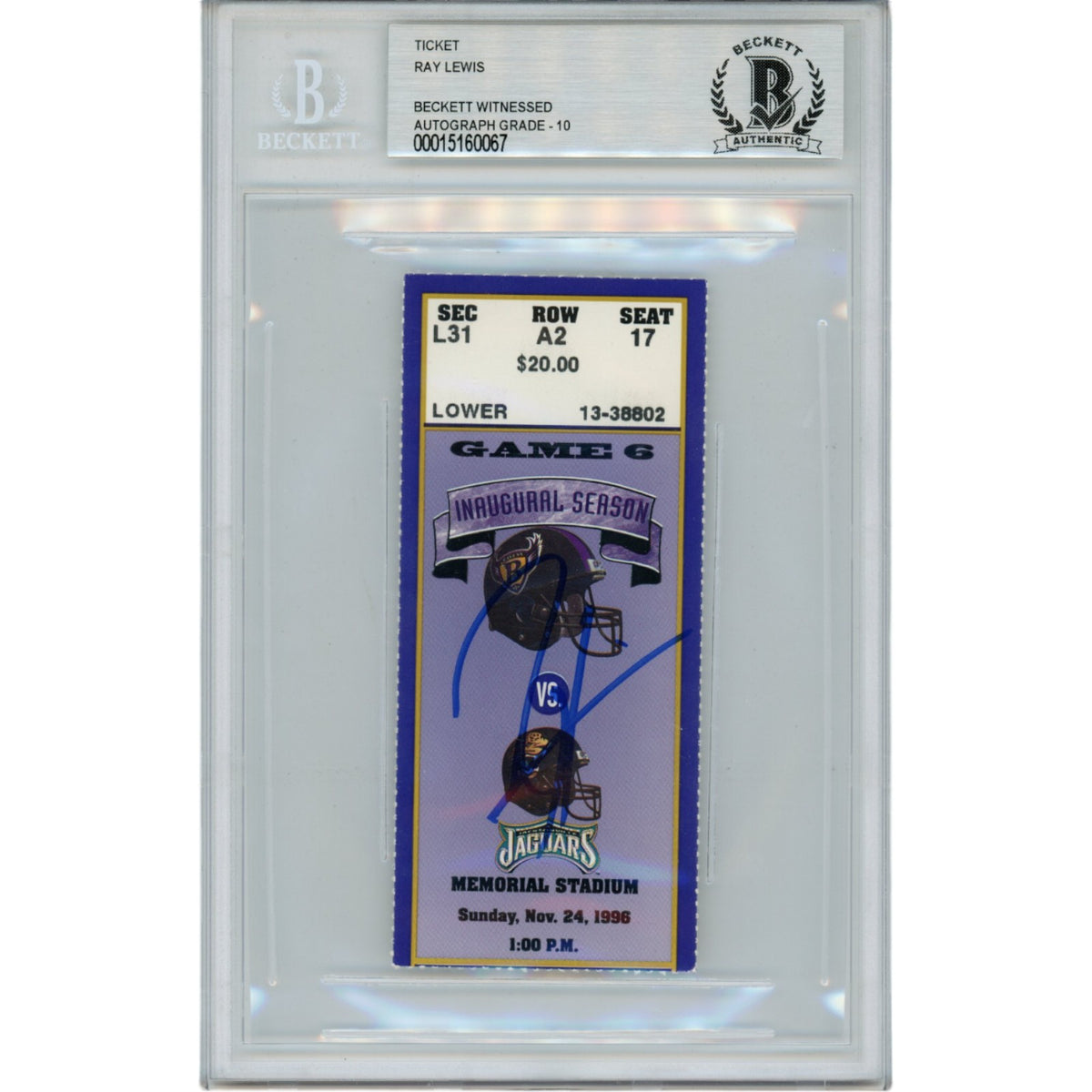 Ray Lewis Baltimore Ravens Signed Card - 11/24/96 Ticket Stub Beckett Beckett - 47588-Powers Sports Memorabilia