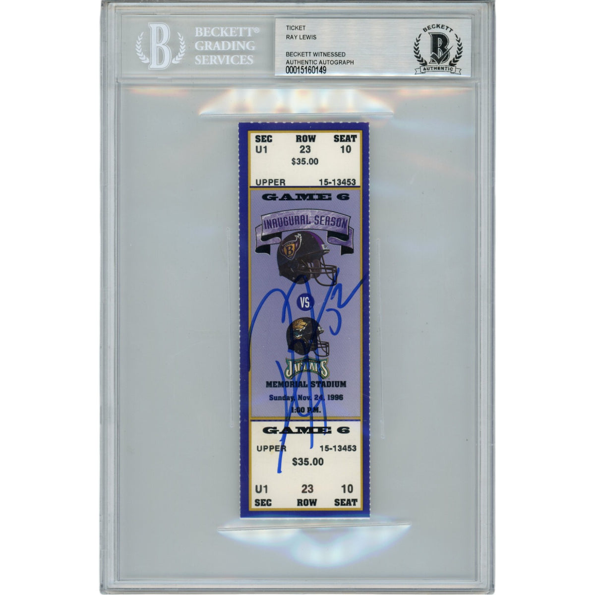Ray Lewis Baltimore Ravens Signed Card - 11/24/96 Full Ticket Stub Beckett Beckett-Powers Sports Memorabilia