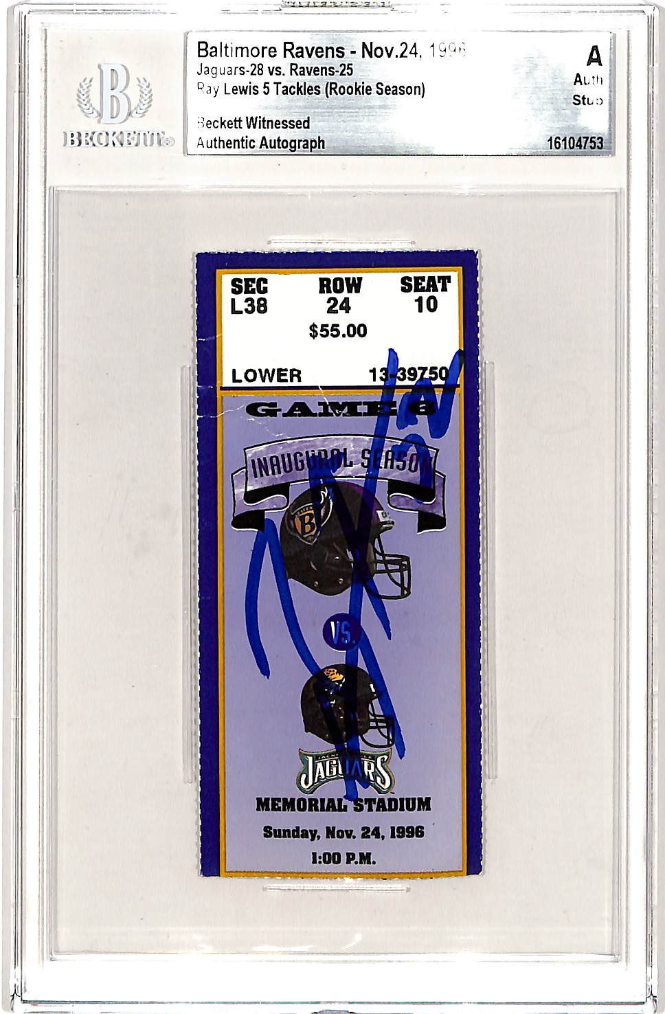 Ray Lewis Baltimore Ravens Signed Card - 11/24/96 Ticket Stub Slab Beckett Beckett-Powers Sports Memorabilia