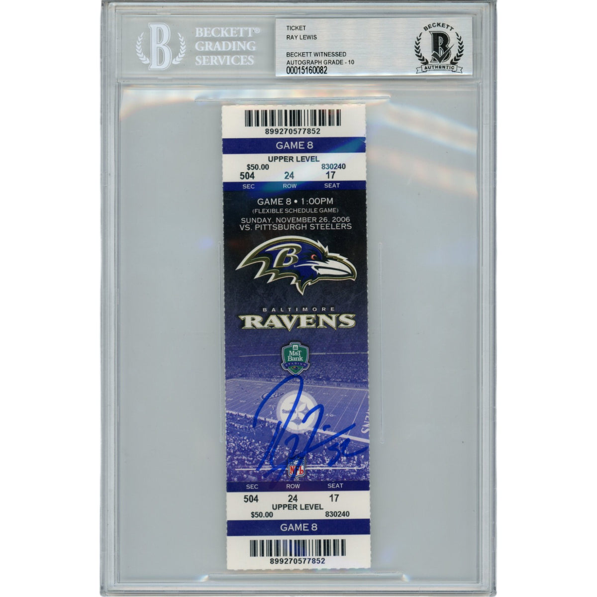 Ray Lewis Baltimore Ravens Signed Card - 11/26/06 Full Ticket Stub Beckett Beckett-Powers Sports Memorabilia