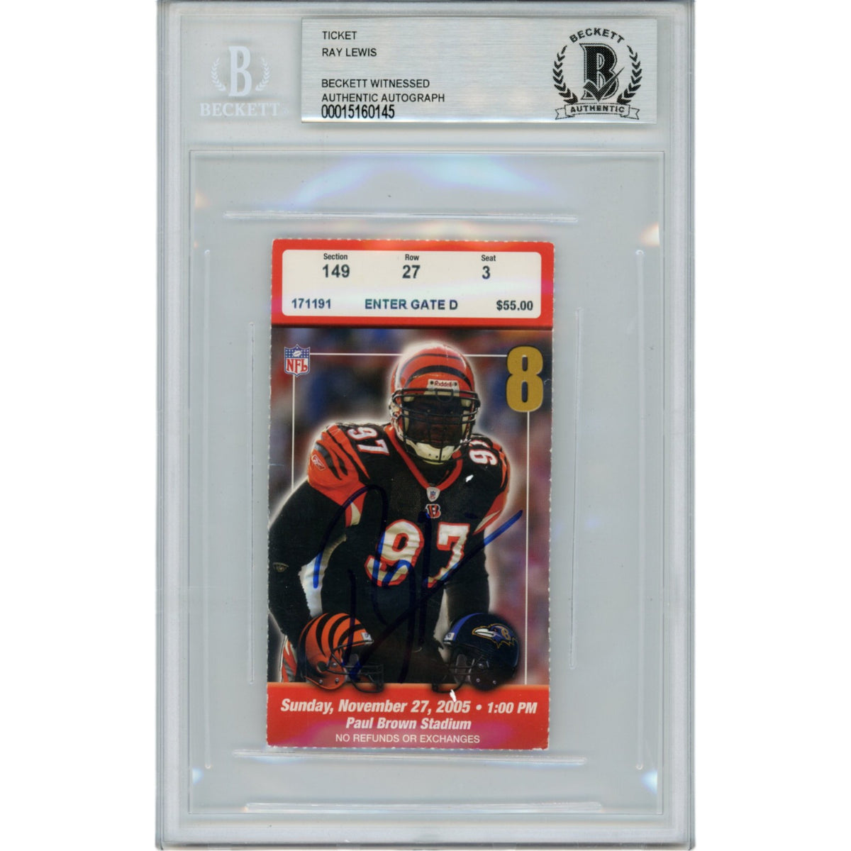 Ray Lewis Baltimore Ravens Signed Card - 11/27/05 Ticket Stub Beckett Beckett-Powers Sports Memorabilia