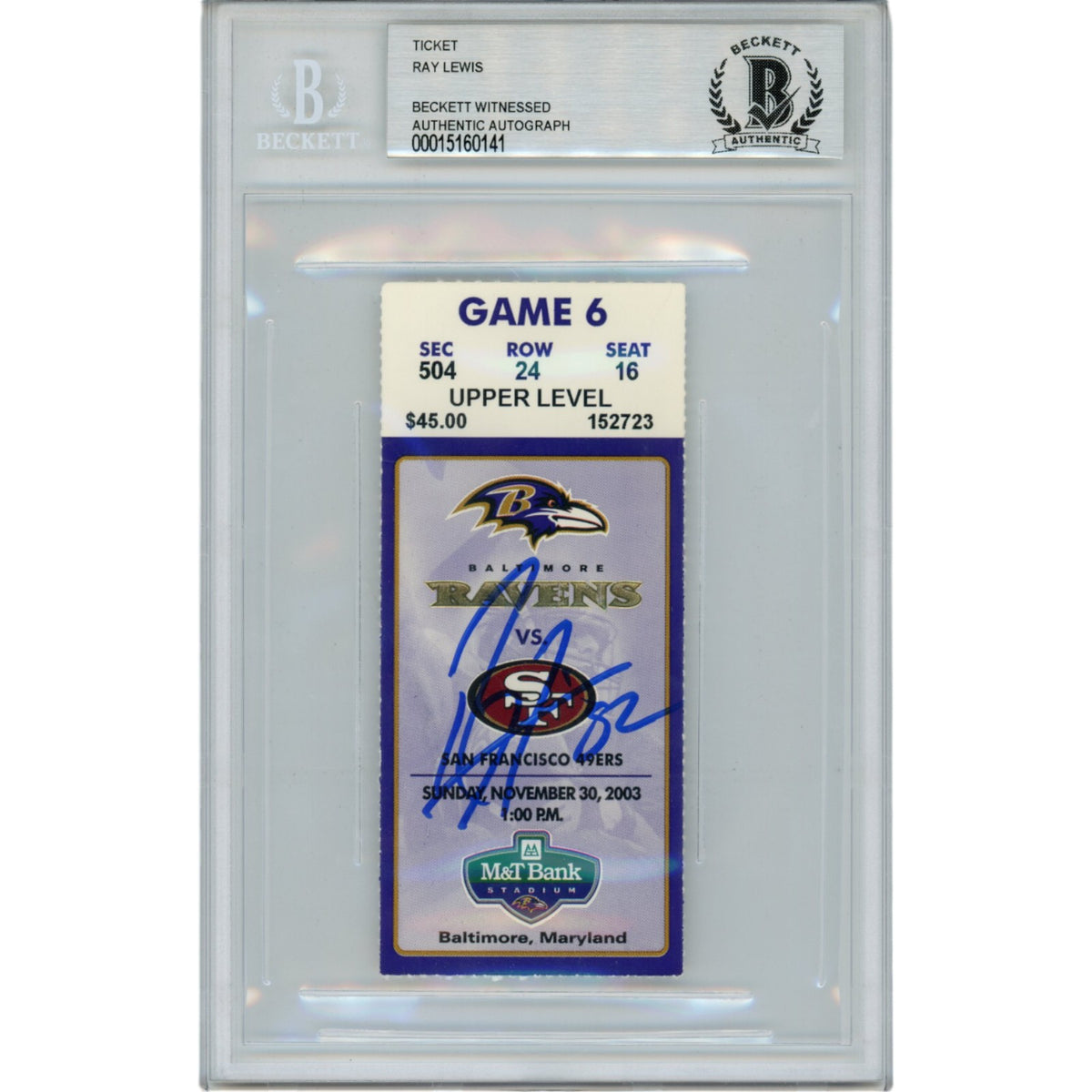 Ray Lewis Baltimore Ravens Signed Card - 11/30/03 Ticket Stub Beckett Beckett-Powers Sports Memorabilia