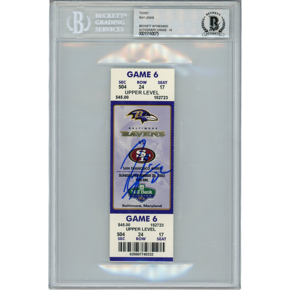Ray Lewis Baltimore Ravens Signed Card - 11/30/03 Full Ticket Stub Beckett Beckett-Powers Sports Memorabilia