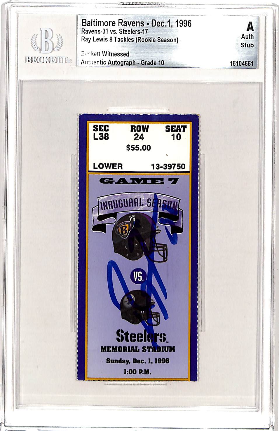 Ray Lewis Baltimore Ravens Signed Card - 12/01/96 Ticket Stub Slab Beckett Beckett-Powers Sports Memorabilia