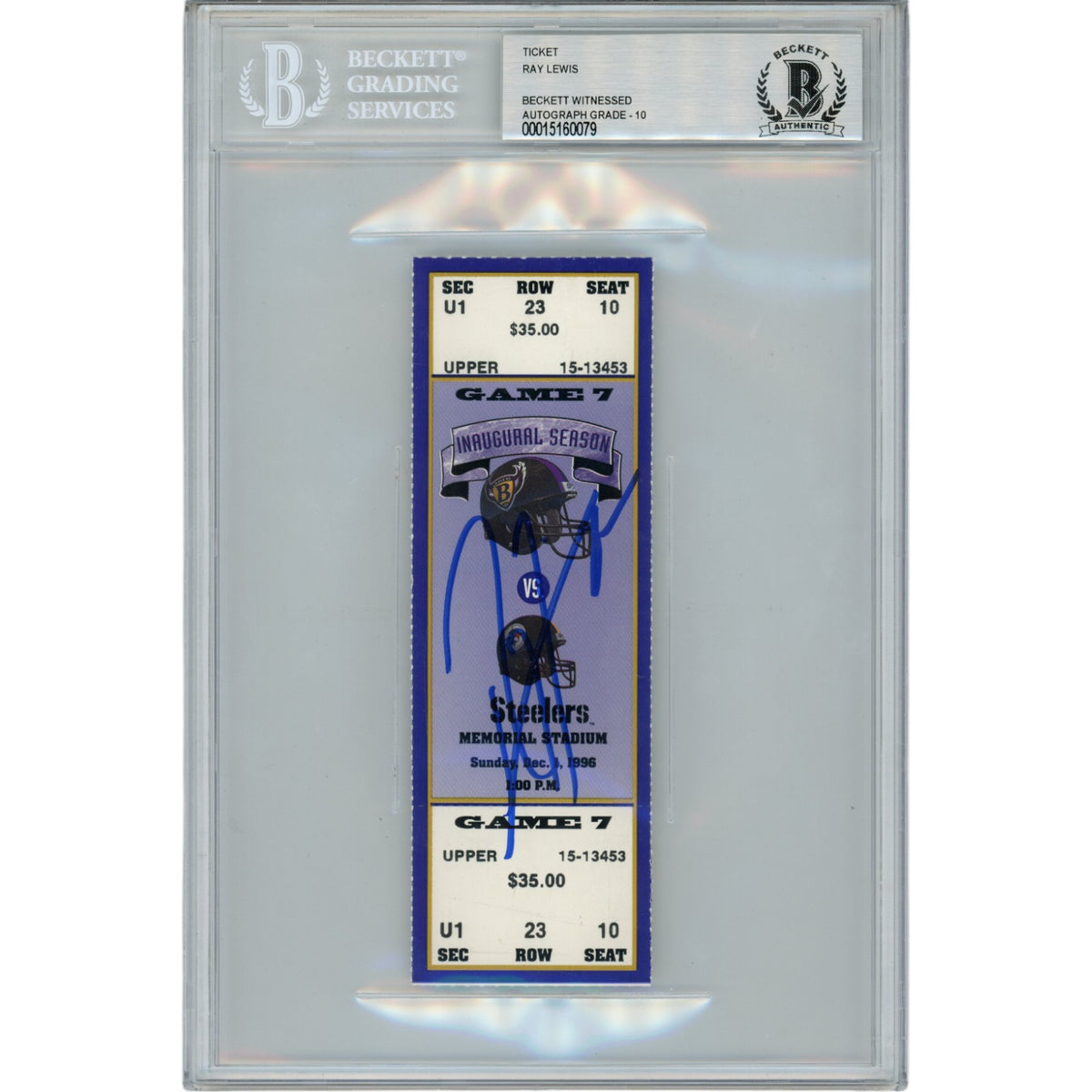 Ray Lewis Baltimore Ravens Signed Card - 12/01/96 Full Ticket Stub Beckett Beckett-Powers Sports Memorabilia
