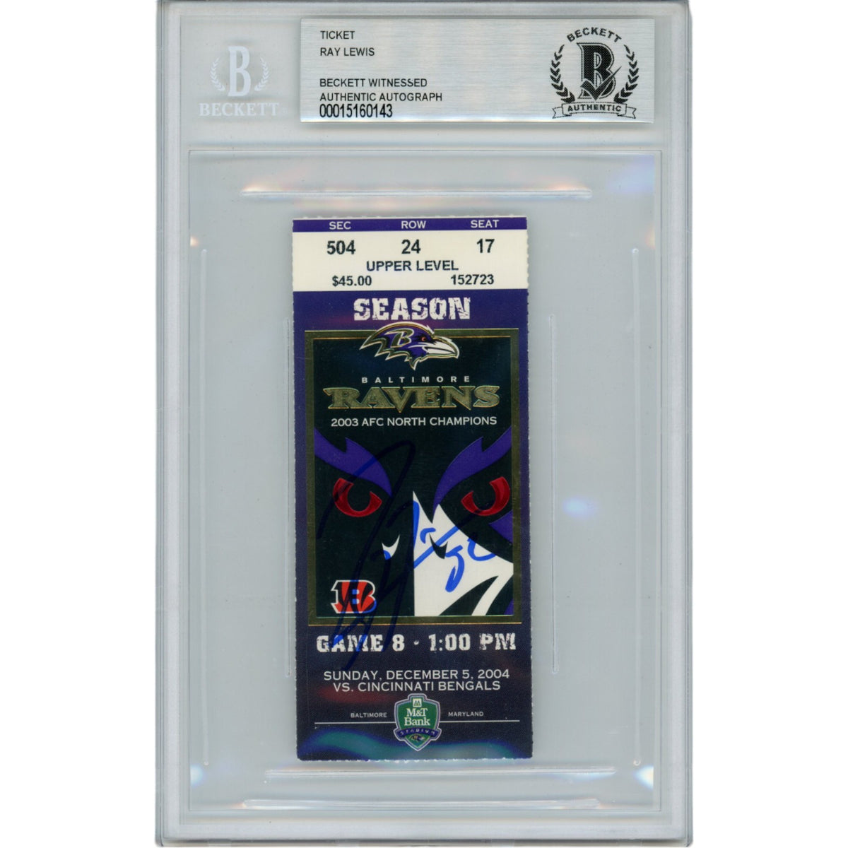 Ray Lewis Baltimore Ravens Signed Card - 12/05/04 Ticket Stub Beckett Beckett-Powers Sports Memorabilia