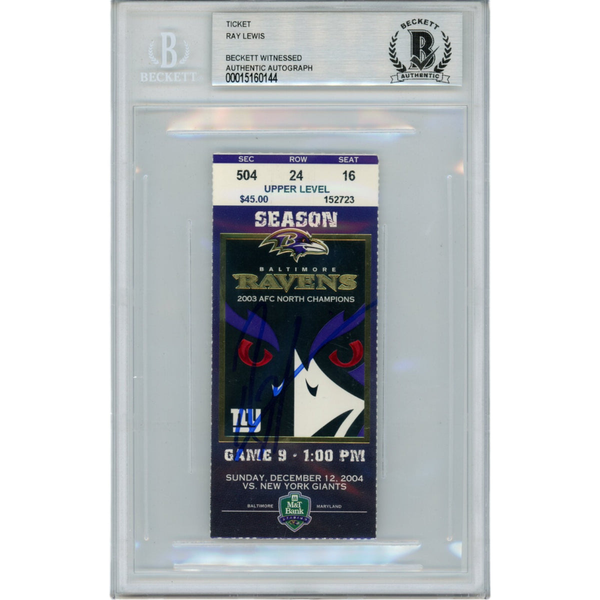 Ray Lewis Baltimore Ravens Signed Card - 12/12/04 Ticket Stub Beckett Beckett-Powers Sports Memorabilia