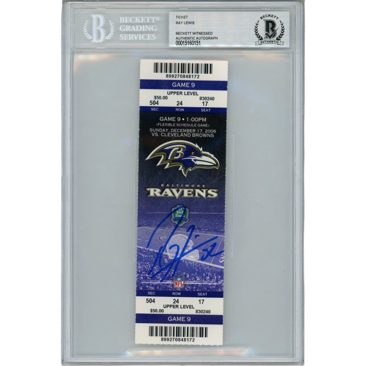 Ray Lewis Baltimore Ravens Signed Card - 12/17/06 Full Ticket Stub Beckett Beckett-Powers Sports Memorabilia