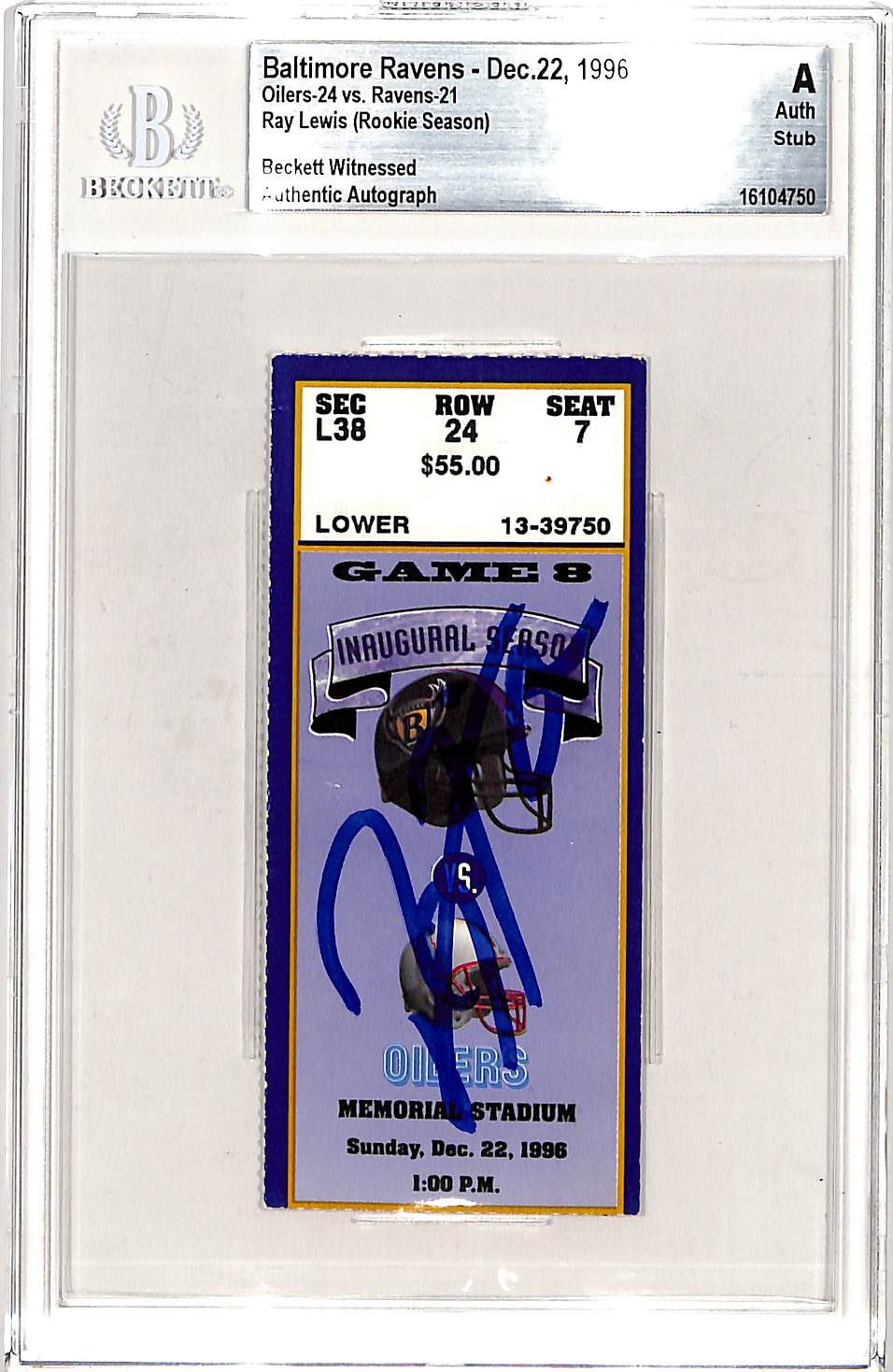 Ray Lewis Baltimore Ravens Signed Card - 12/22/96 Ticket Stub Slab Beckett Beckett-Powers Sports Memorabilia