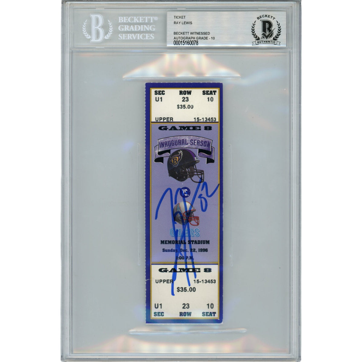 Ray Lewis Baltimore Ravens Signed Card - 12/22/96 Full Ticket Stub Beckett Beckett-Powers Sports Memorabilia