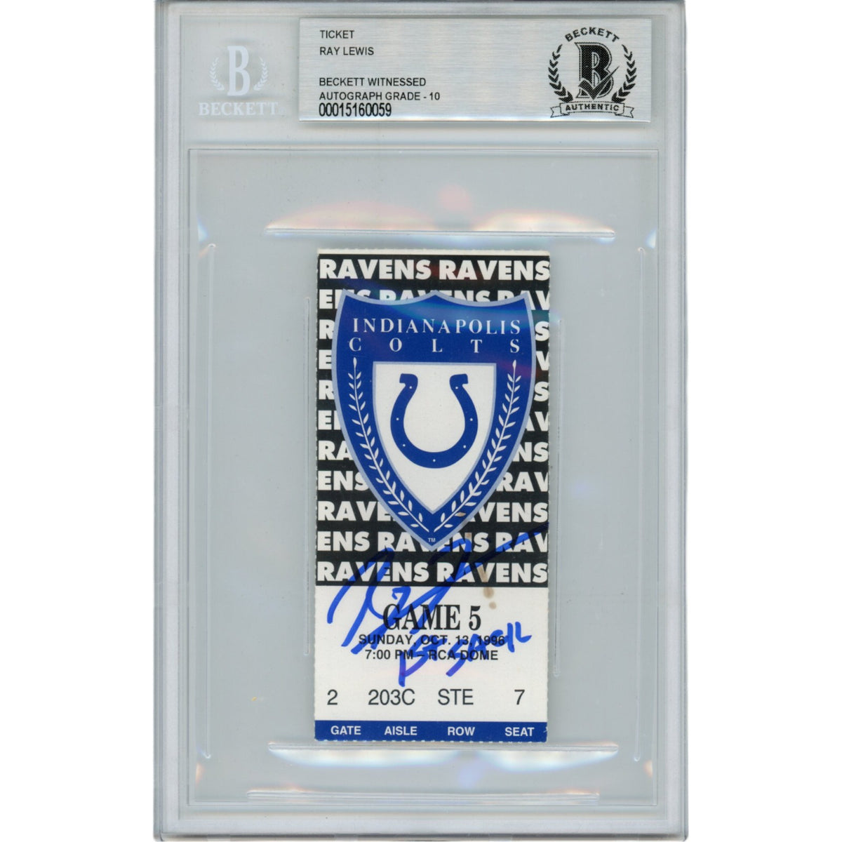 Ray Lewis Baltimore Ravens Signed Card - 10/13/96 1st Sack Ticket Beckett Beckett-Powers Sports Memorabilia