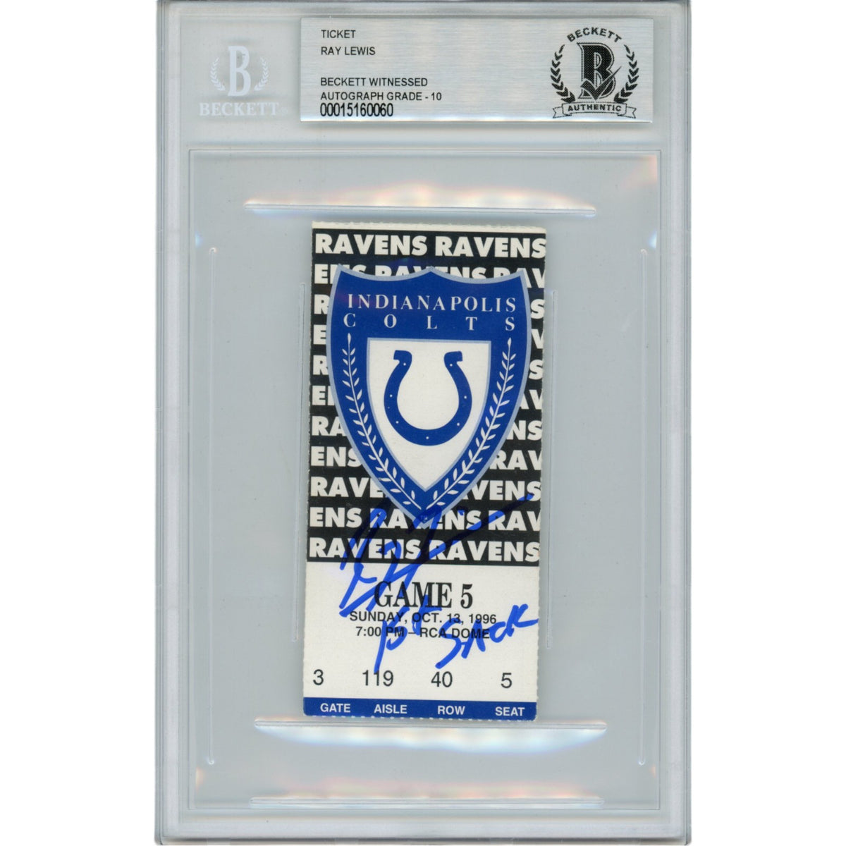 Ray Lewis Baltimore Ravens Signed Card - 10/13/96 1st Sack Ticket Beckett Beckett - 47610-Powers Sports Memorabilia