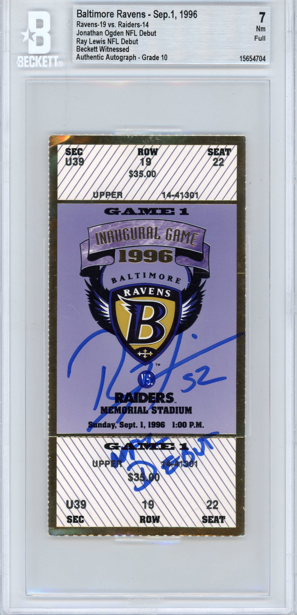 Ray Lewis Baltimore Ravens Signed Card - Ticket 9/1/1996 Slabbed Beckett-Powers Sports Memorabilia
