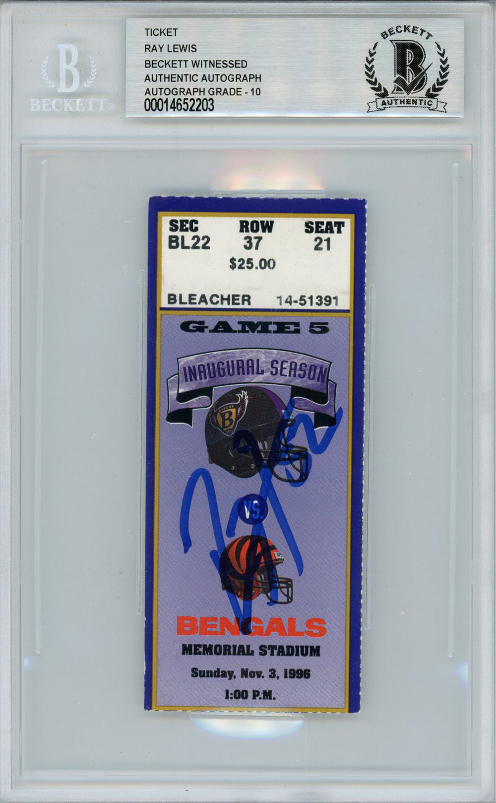 Ray Lewis Baltimore Ravens Signed Card - 11/3/1996 vs Bengals Ticket Beckett Slab Beckett-Powers Sports Memorabilia