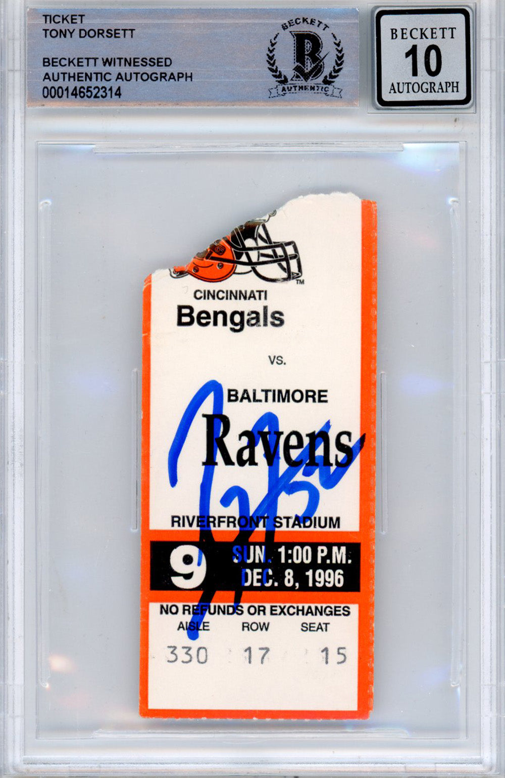 Ray Lewis Baltimore Ravens Signed Card - 12/8/1996 vs Bengals Ticket Stub Beckett Slab Beckett-Powers Sports Memorabilia