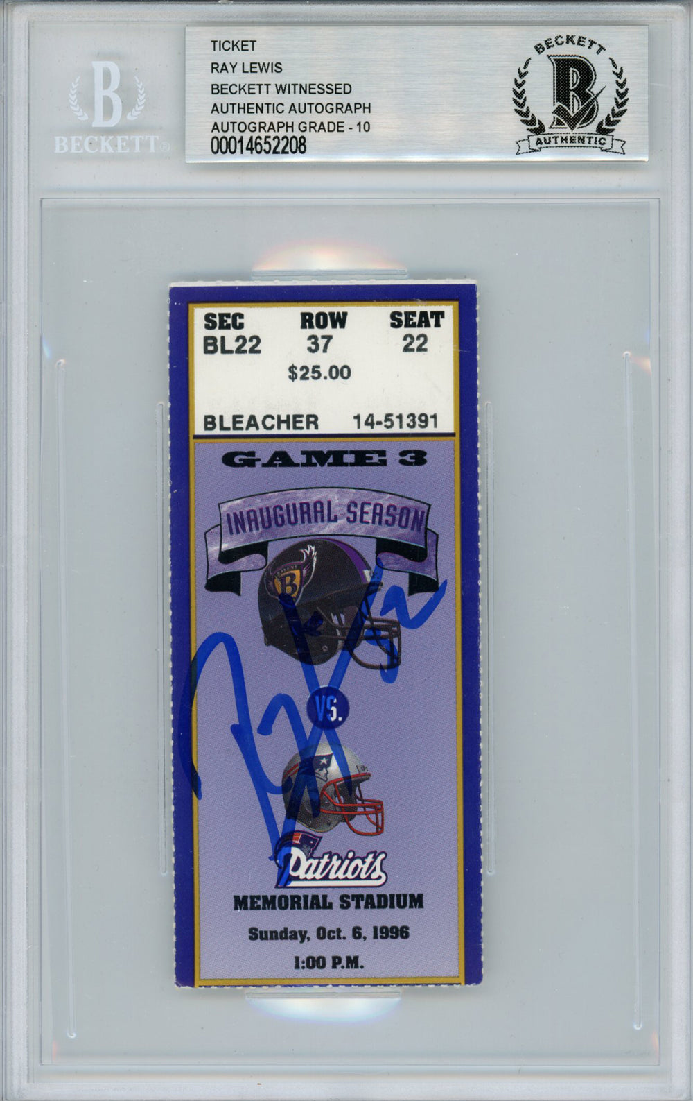 Ray Lewis Baltimore Ravens Signed Card - 10/6/1996 vs Patriots Ticket Beckett Slab Beckett-Powers Sports Memorabilia