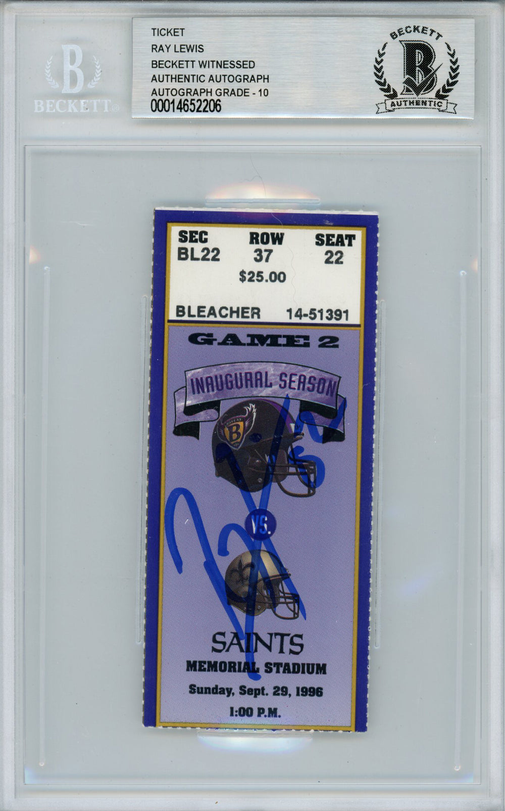 Ray Lewis Baltimore Ravens Signed Card - 9/29/1996 vs Saints Ticket Beckett Slab Beckett - 39176-Powers Sports Memorabilia