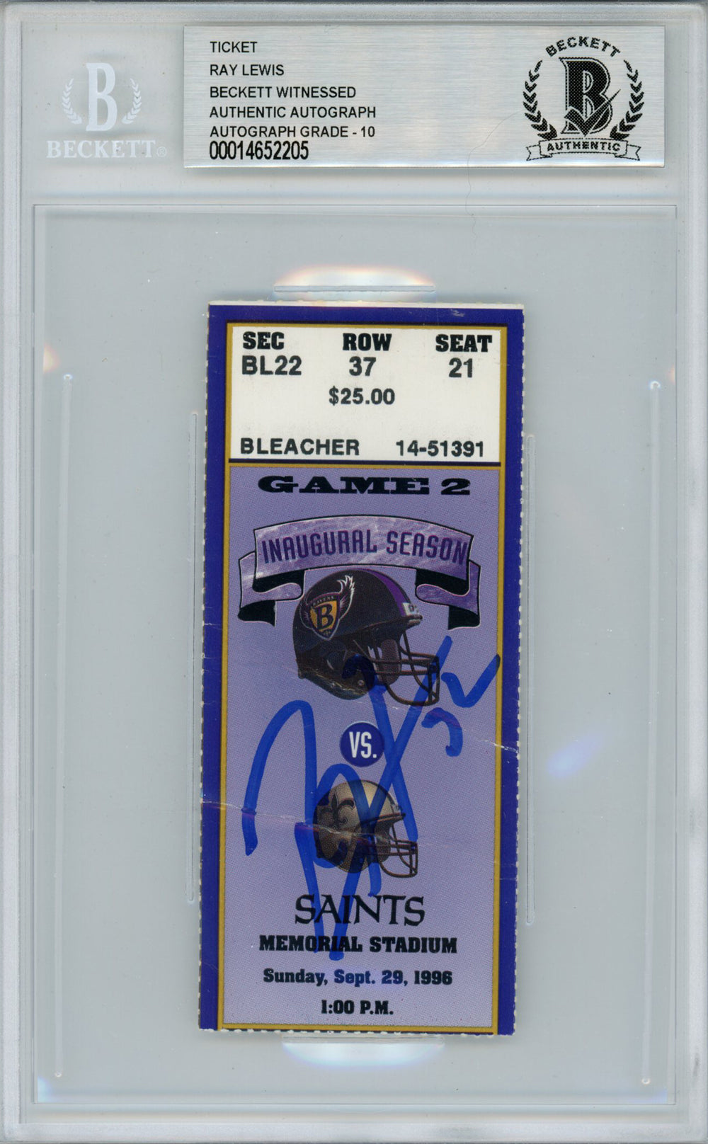 Ray Lewis Baltimore Ravens Signed Card - 9/29/1996 vs Saints Ticket Beckett Slab Beckett-Powers Sports Memorabilia