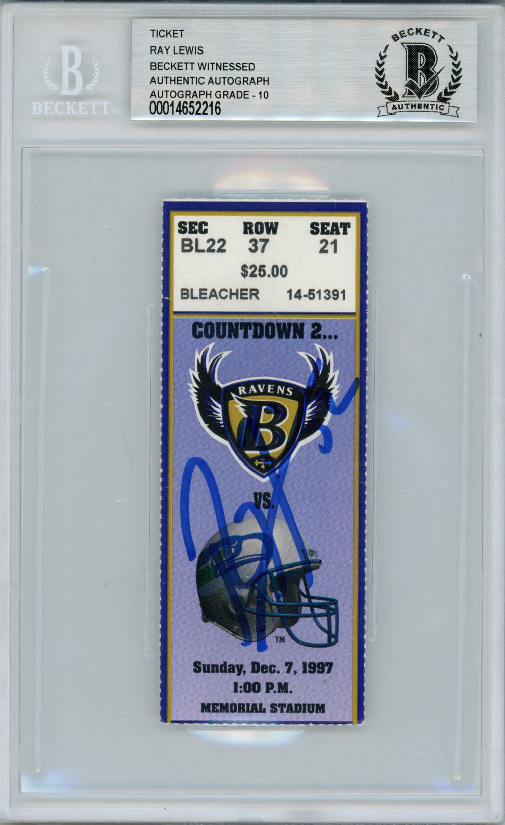Ray Lewis Baltimore Ravens Signed Card - 12/7/1997 vs Seahawks Ticket Beckett Slab Beckett-Powers Sports Memorabilia