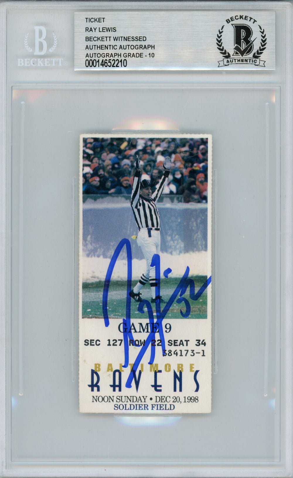 Ray Lewis Baltimore Ravens Signed Card - 12/20/1998 vs Bears Ticket Beckett Slab Beckett-Powers Sports Memorabilia