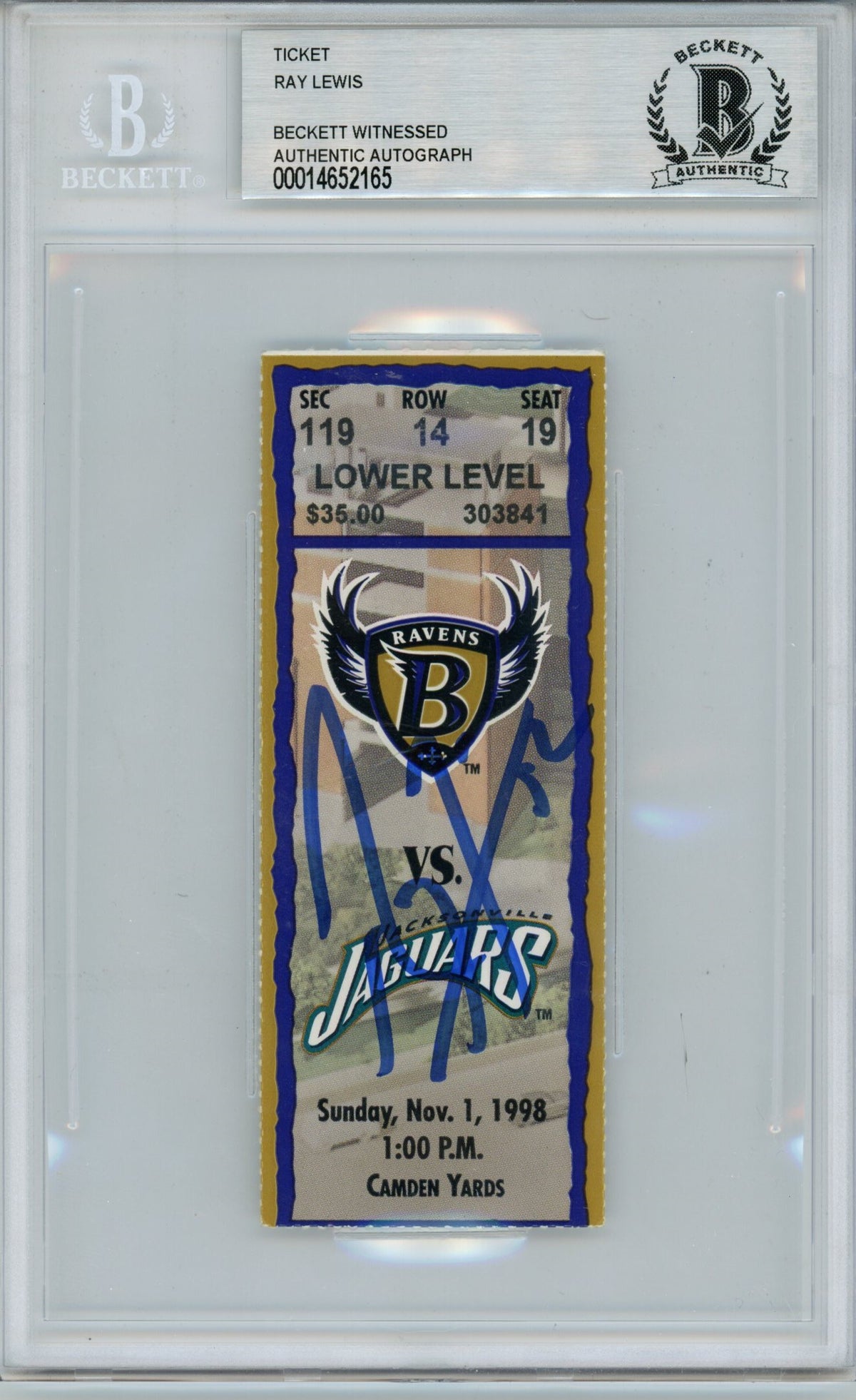 Ray Lewis Baltimore Ravens Signed Card - Ticket 11/1/98 vs Jaguars BAS Slab Beckett-Powers Sports Memorabilia