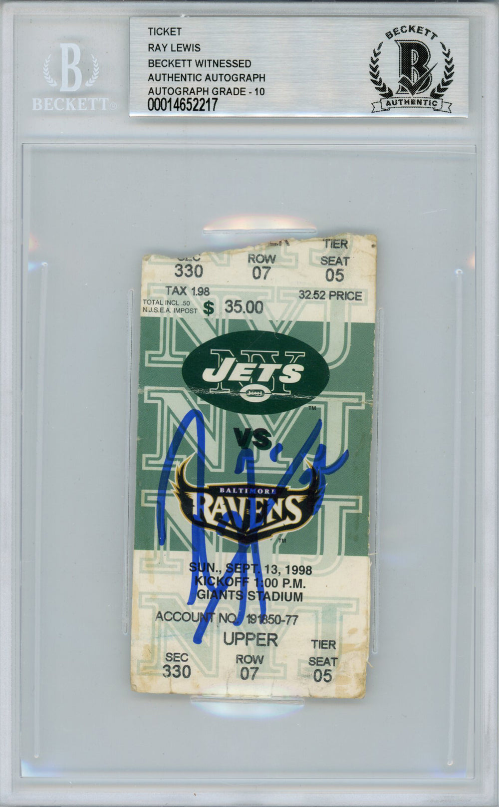 Ray Lewis Baltimore Ravens Signed Card - 9/13/1998 vs Jets Ticket Beckett Slab Beckett-Powers Sports Memorabilia