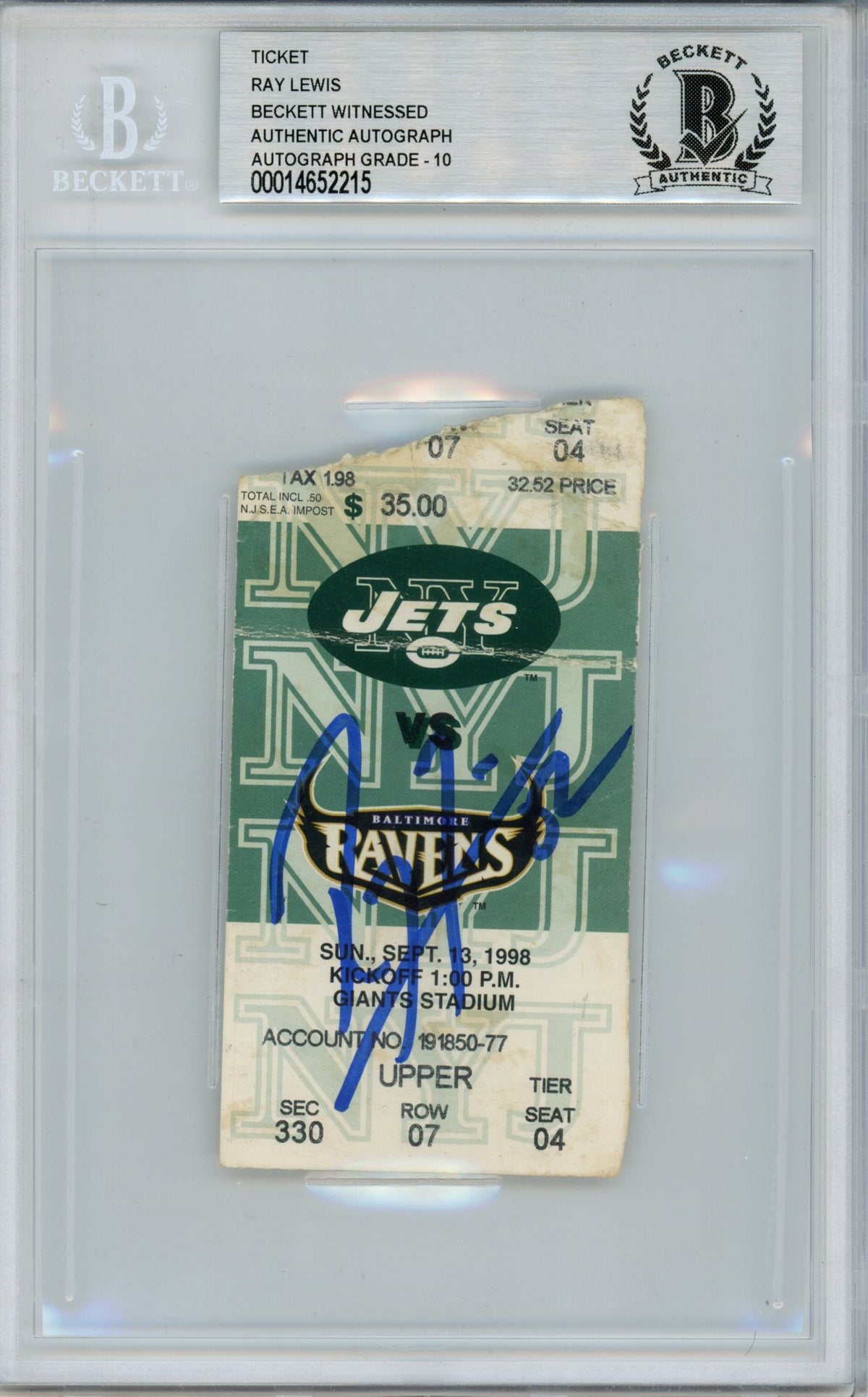 Ray Lewis Baltimore Ravens Signed Card - Ticket 9/13/98 vs Jets BAS Slab Beckett-Powers Sports Memorabilia